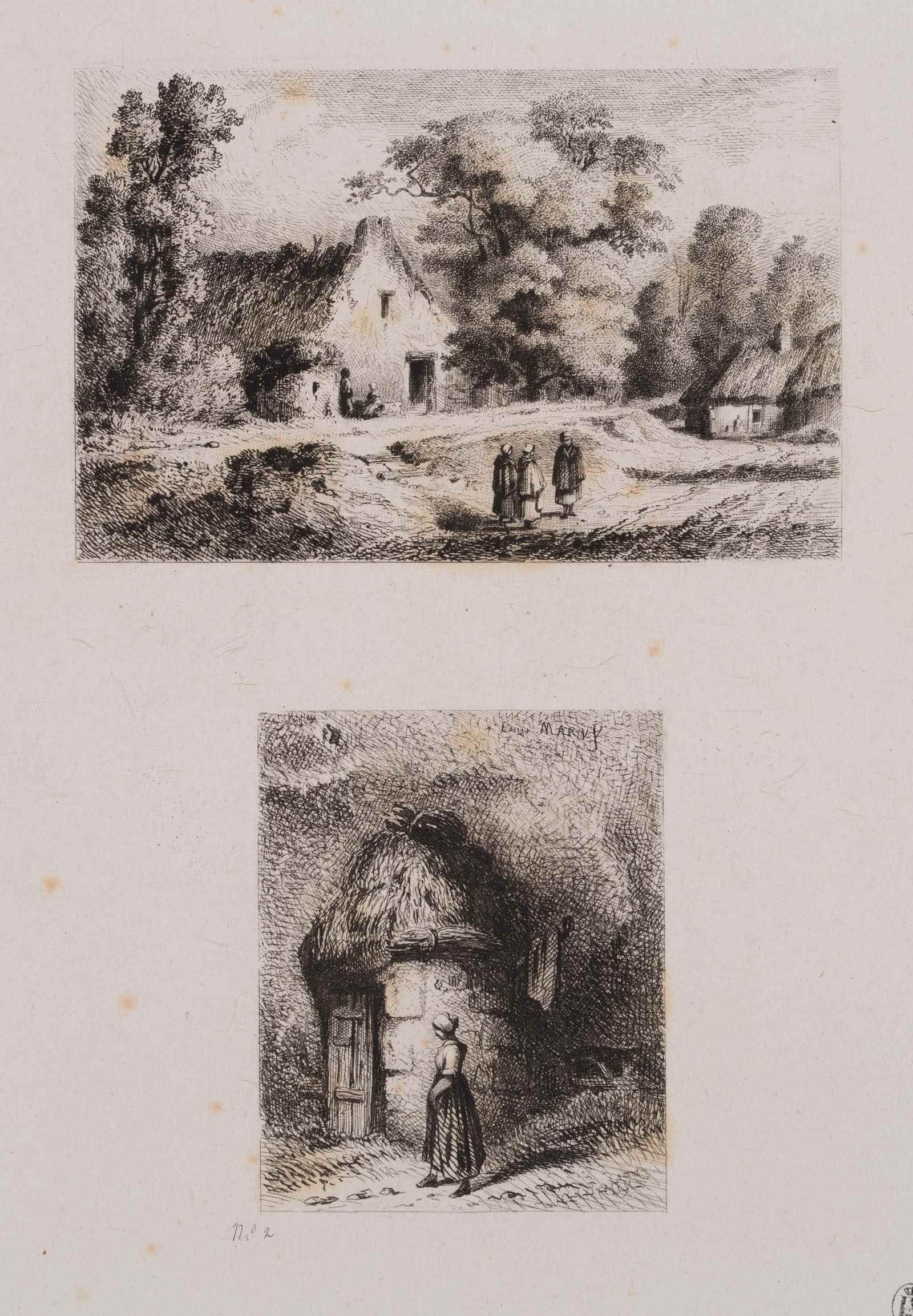 L. MARVY (19th), Farmers in traditional dress in a village landscape, around 1844, Etching: Louis Marvy (19th century): In the countryside With two depictions of farmers in traditional costume in village landscape, c. 1844, Etching Technique: Etching on China paper, rolled-on on Paper Stamp: