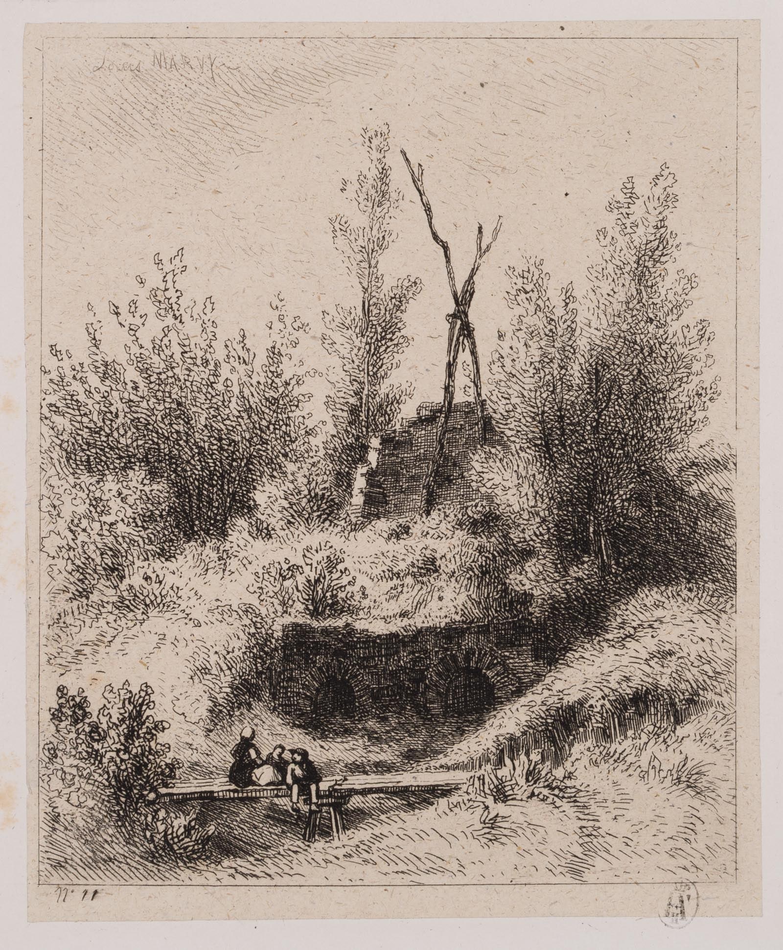 L. MARVY (19th), Children by a ruin in the landscape, around 1844, Etching: Louis Marvy (19th century): Nature piece with sitting children at a ruin in landscape, c. 1844, Etching Technique: Etching on China paper, rolled-on on Paper Stamp: Collector's stamp, Lugt no.: 971. F
