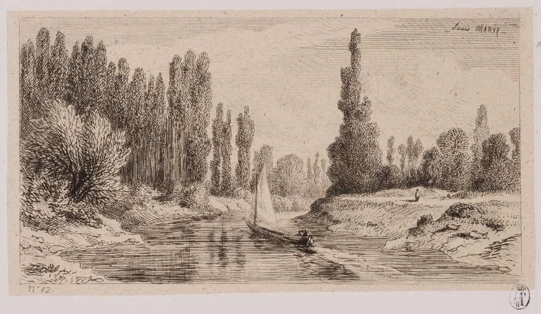 L. MARVY (19th), Sailing boat in a river landscape, around 1844, Etching: Louis Marvy (19th century): Sailing boat in river landscape with rich vegetation on the banks and tall poplars, c. 1844, Etching Technique: Etching on China paper, rolled-on on Paper Stamp: Collector'