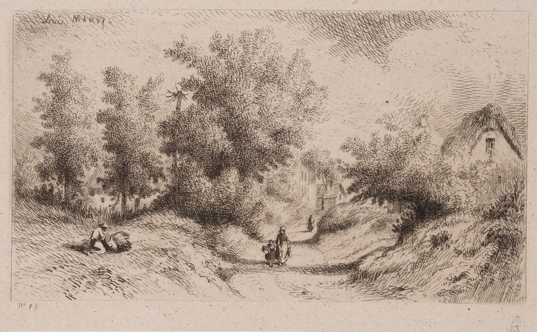 L. MARVY (19th), Farmers harvesting hay on the outskirts of the village, around 1844, Etching: Louis Marvy (19th century): In the countryside with farmers harvesting hay and a village in the background, c. 1844, Etching Technique: Etching on China paper, rolled-on on Paper Stamp: Collector's st