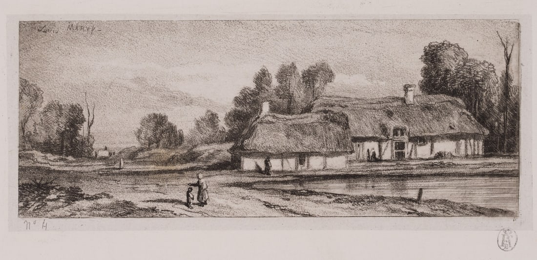 L. MARVY (19th), Maid with a child near farmhouses, around 1844, Vernis Mou (1 of 4)