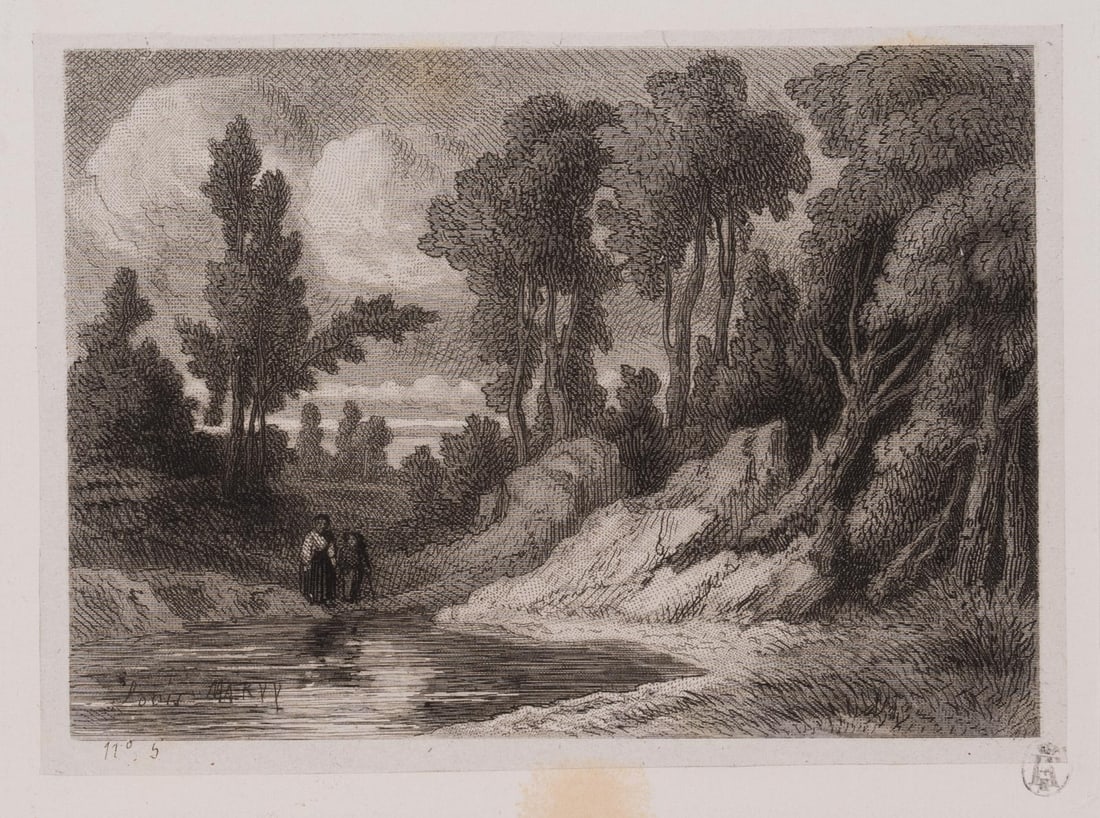 L. MARVY (19th), Walkers by the woodland pond, around 1844, Vernis Mou (1 of 4)