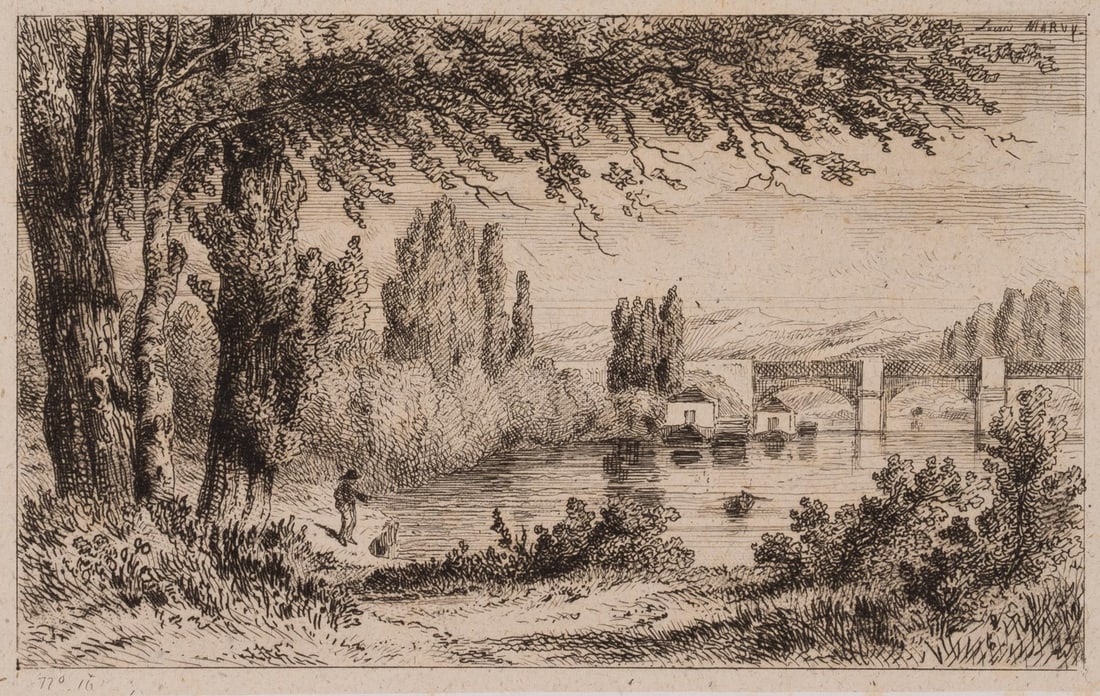 L. MARVY (19th), River landscape with a railway bridge, around 1844, Etching: Louis Marvy (19th century): River landscape with hiker and large railway bridge in the background, c. 1844, Etching Technique: Etching on China paper, rolled-on on Paper Stamp: Collector's stamp, Lugt