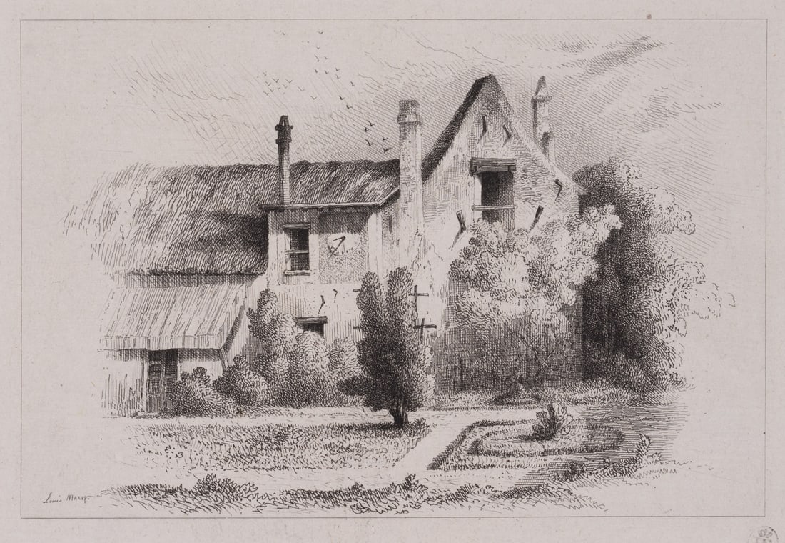 L. MARVY (19th), Village church with a sundial, Etching: Louis Marvy (19th century): View of a village church with sundial on the façade and garden, 19th century, Etching Technique: Etching on China paper, rolled-on on Paper Stamp: Collector's stamp, L