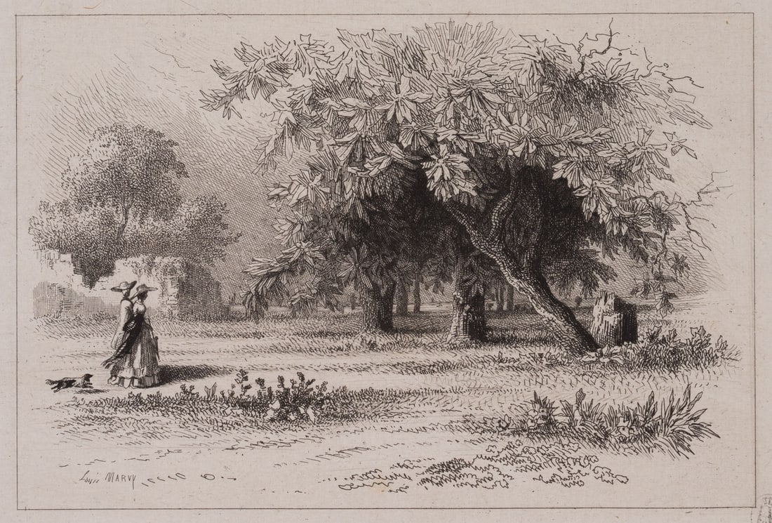 L. MARVY (19th), A park setting with an elegant couple, Etching (1 of 4)