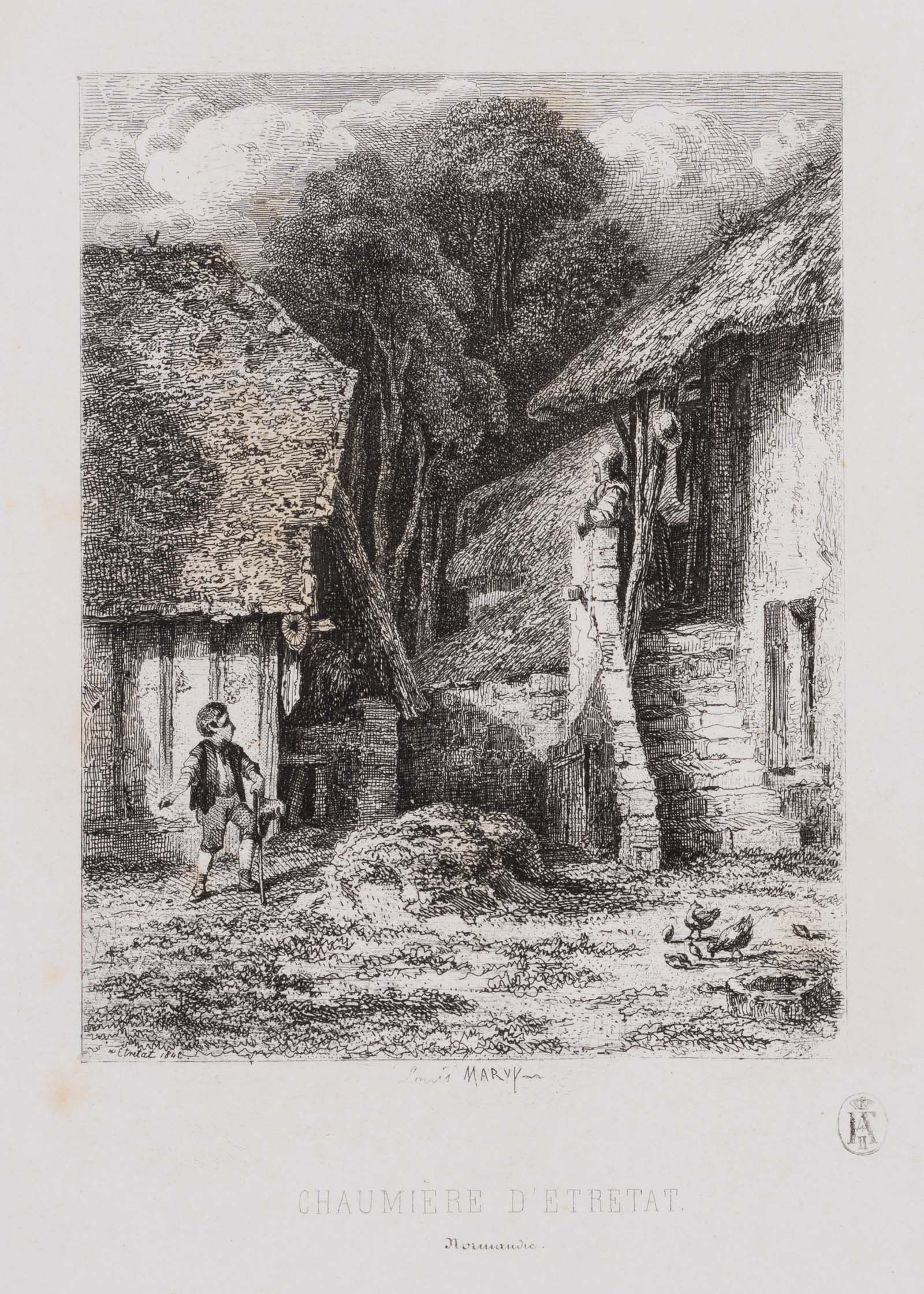 L. MARVY (19th), Chaumière d'Étretat, Etching: Louis Marvy (19th century): "Chaumière D'etretat" Genre depiction Child and maid in the courtyard in front of the thatched farmhouses, 19th century, Etching Technique: Etching on Paper Stamp: Col