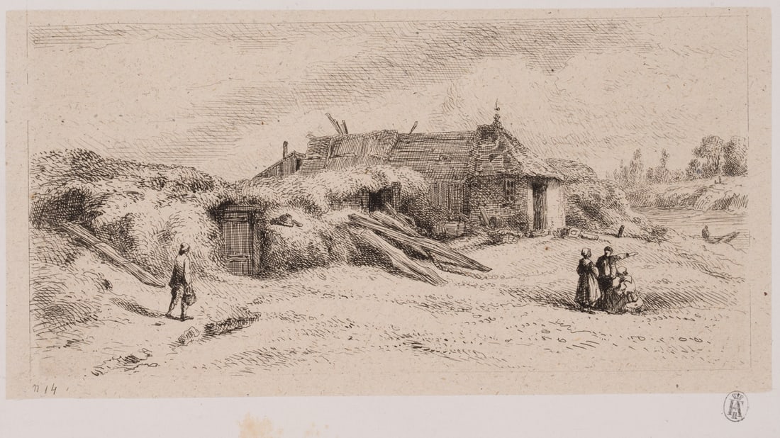 L. MARVY (19th), Farmers by a fisherman’s hut by the river, around 1844, Etching: Louis Marvy (19th century): Landscape with farmers at a fishing hut by the river, c. 1844, Etching Technique: Etching on China paper, rolled-on on Paper Stamp: Collector's stamp, Lugt no.: 971. Friedr