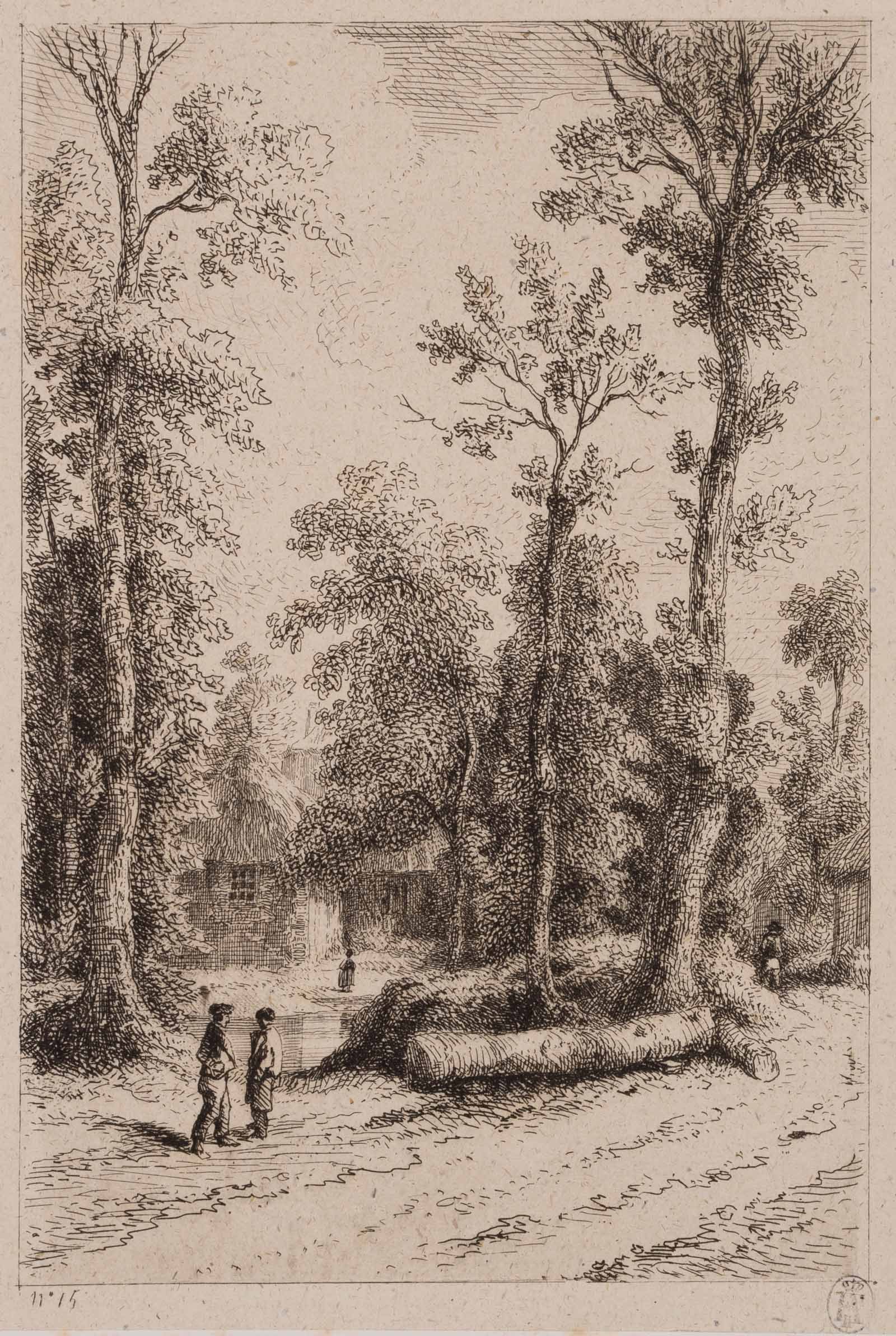 L. MARVY (19th), Forest workers on a forest track near some houses, around 1844, Etching (1 of 4)