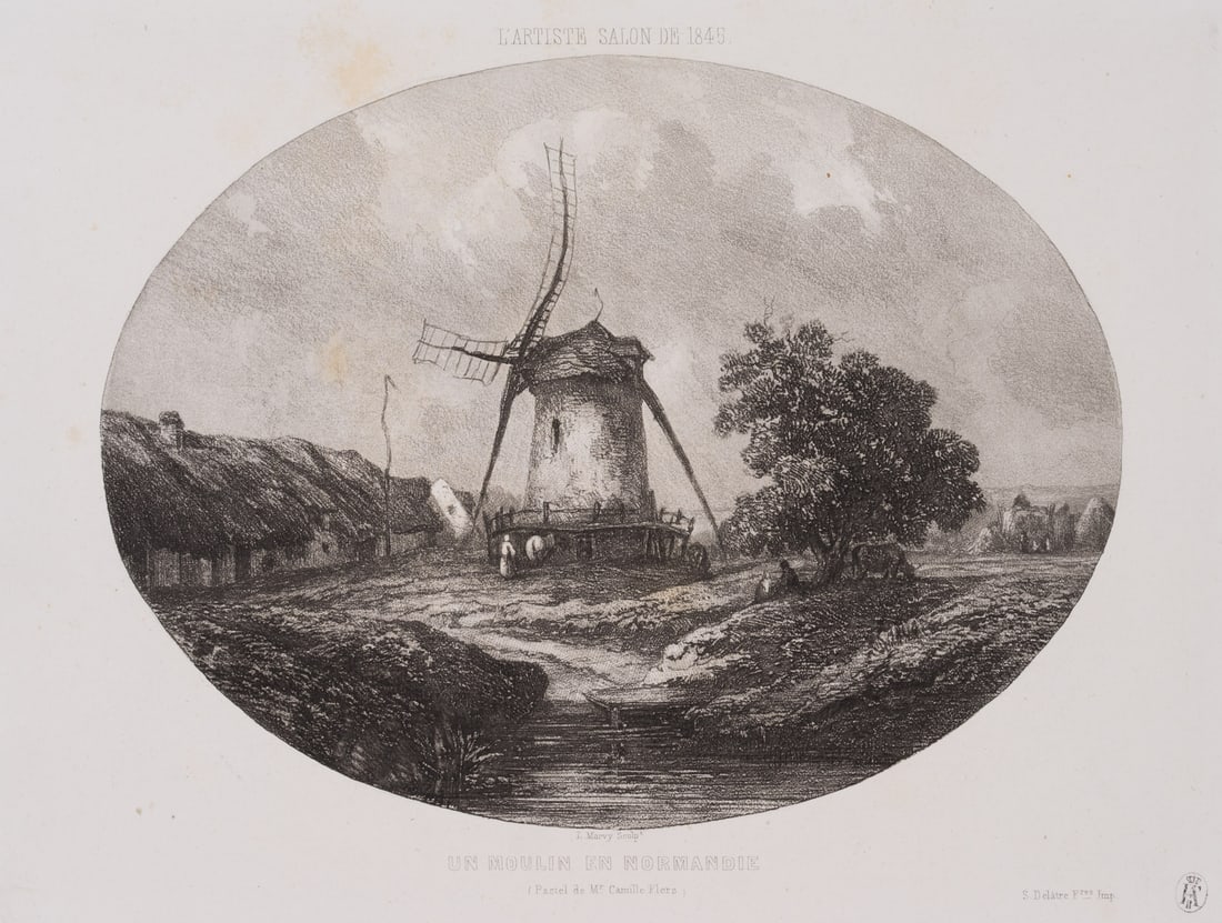 L. MARVY (19th), Windmill in Normandy, 1845, Vernis Mou: Louis Marvy (19th century): "Un moulin en Normandie" - landscape view in oval with windmill in the field on the edge of a settlement with country people and animals as staffage figures, 1845, Vernis M