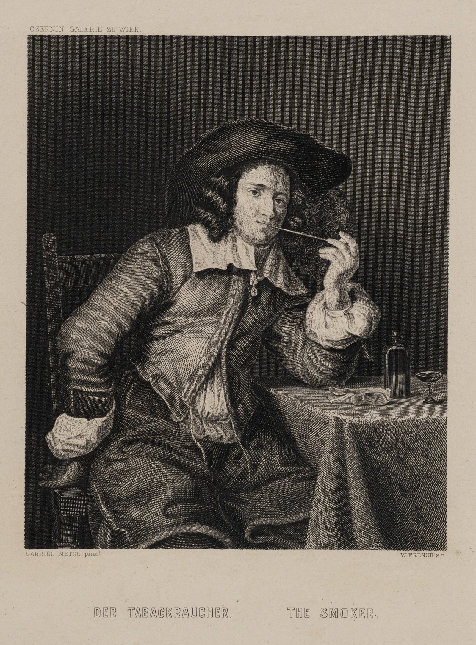 W. FRENCH (*1815) after METSU (*1629), The tobacco smoker, Steel engraving (1 of 5)