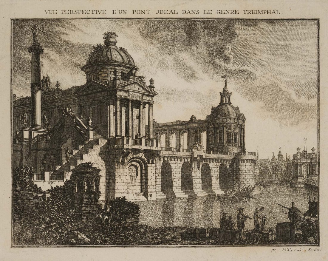 M. MITTERMEIER (19th), Ideal architectural view, around 1840, Steel engraving (1 of 4)