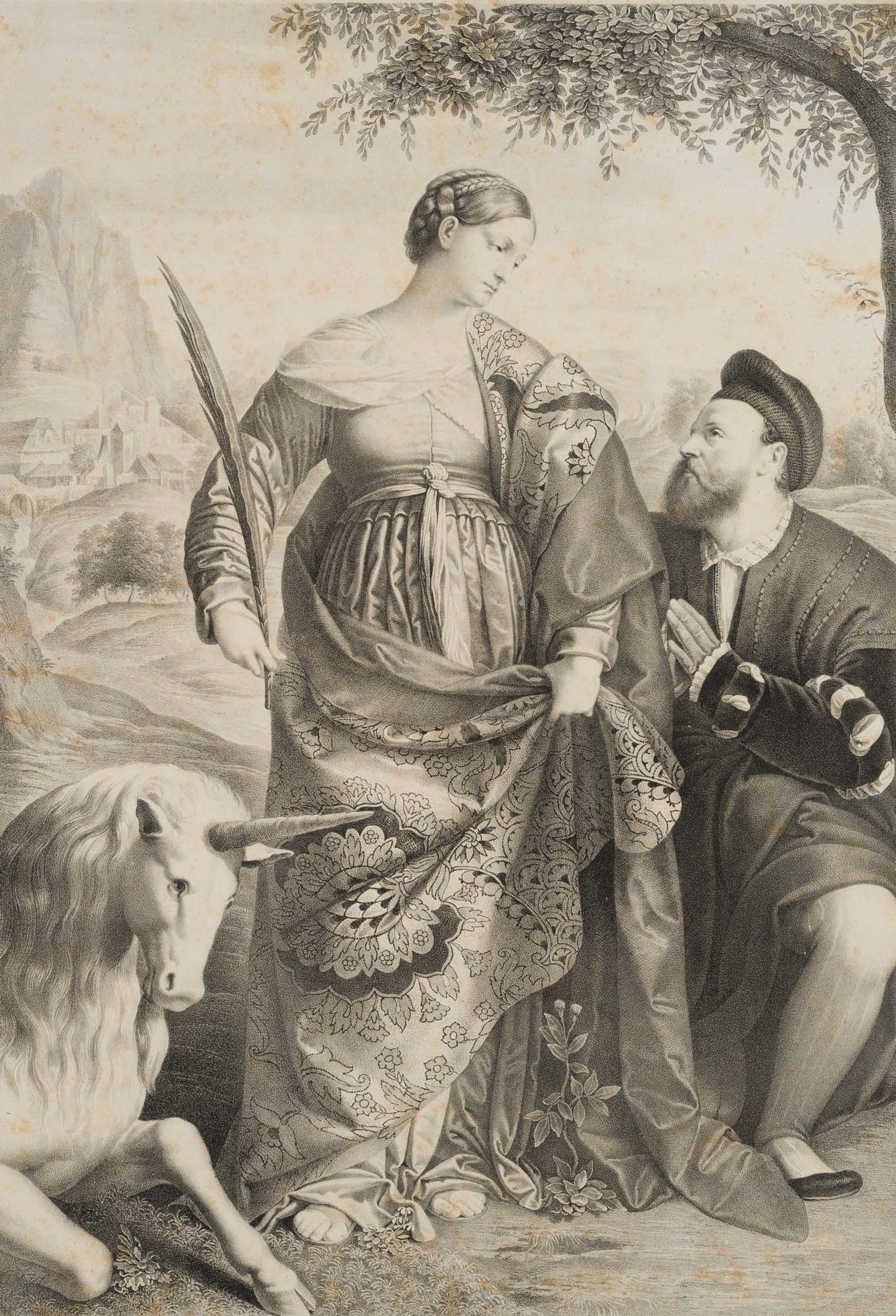 J. KRIEHUBER (*1800) after MORETTO (*1498), St Justina with a unicorn, 1828, Lithography (1 of 4)