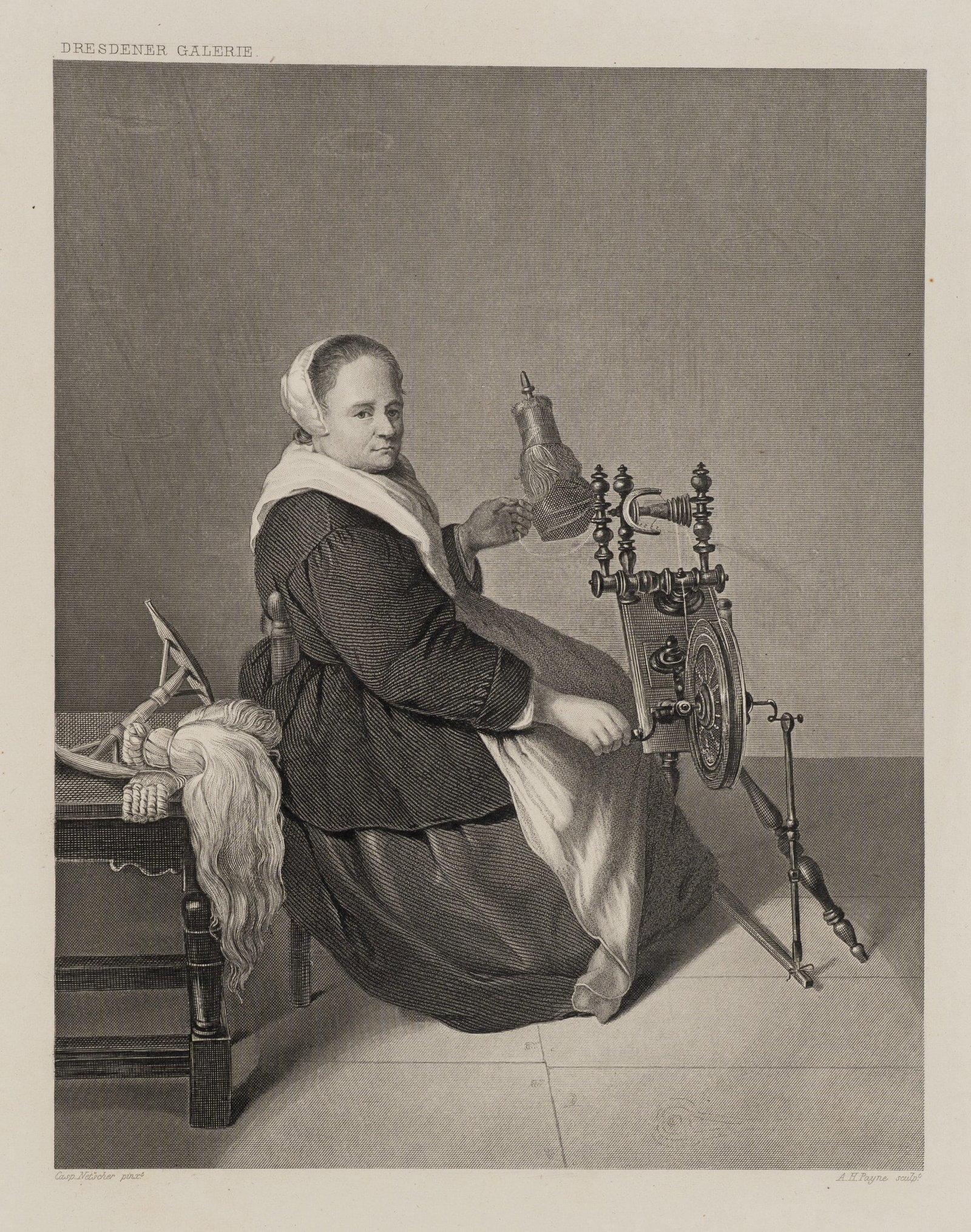 A. PAYNE (*1812) after NETSCHER (*1639), The Spinner, Steel engraving: Albert Henry Payne (1812 London - 1902 Leipzig) after Caspar Netscher (1639 - 1684 ): The spinner Woman at traditional work on the spinning wheel with wool basket, 19th century, Steel engraving Techni