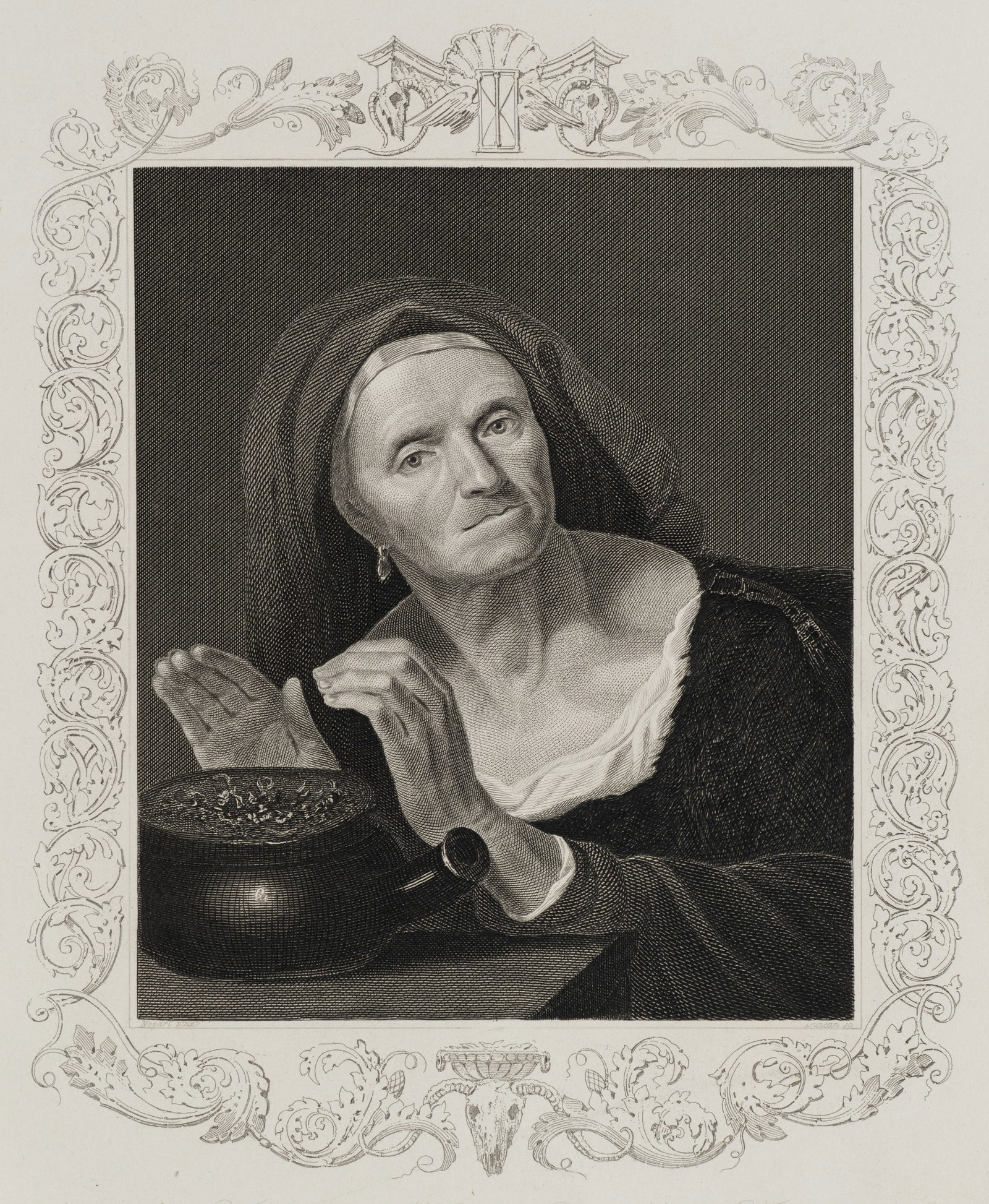 A. DUNCAN (*1795) after NOGARI (*1699), The Market Woman, Steel engraving: Andrew Duncan (1795 Arbroath - 1845 London) after Giuseppe Nogari (1699 - 1763 ): The market woman Market woman with bowl and headscarf in a decoratively framed depiction, 19th century, Steel engravin