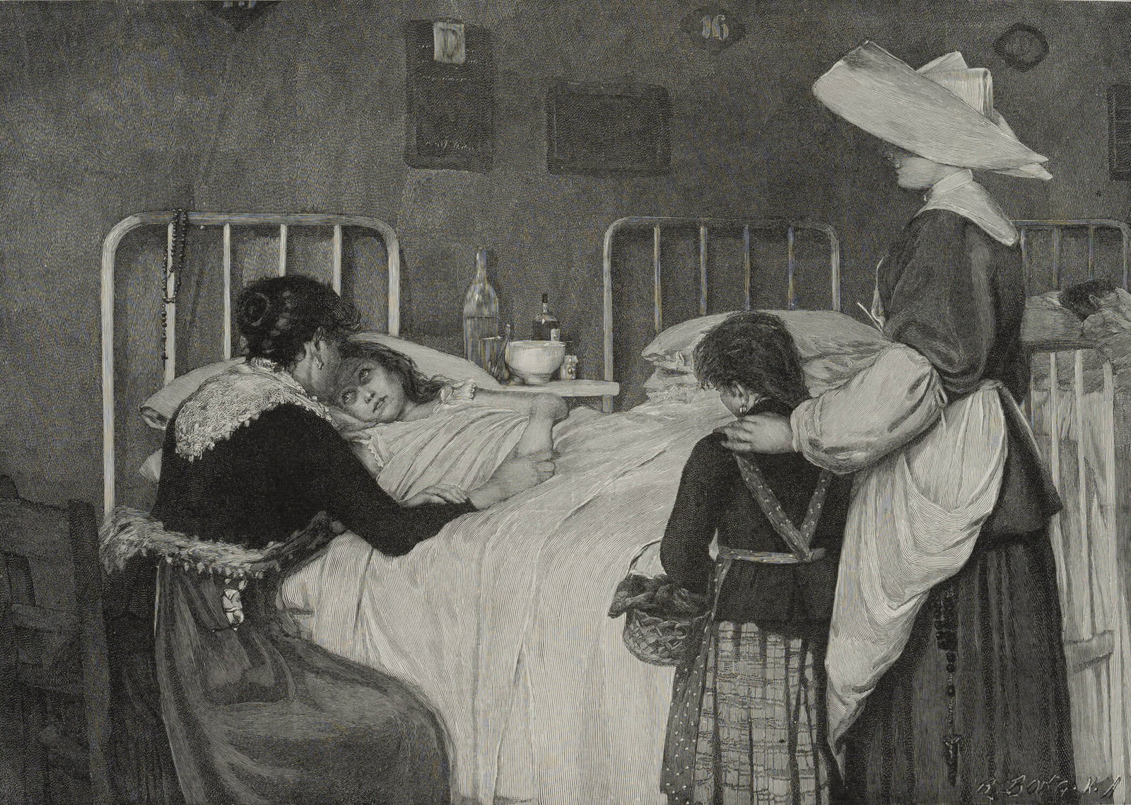 R. BONG (*1853) after PATERNINA GARCIA-CID (*1866), A visit to the sick person, 1890, Wood engravin (1 of 4)