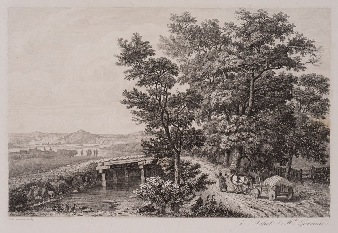 A. PENNAUTIER (*1803), A farmer on a country road, around 1840, Etching: Amédée de Pennautier (1803 Domaize - 1857 Paris): Farmer on a country road along the Garonne with horses and a loaded cart, near Aspet, France, c. 1840, Etching Technique: Etching on China p