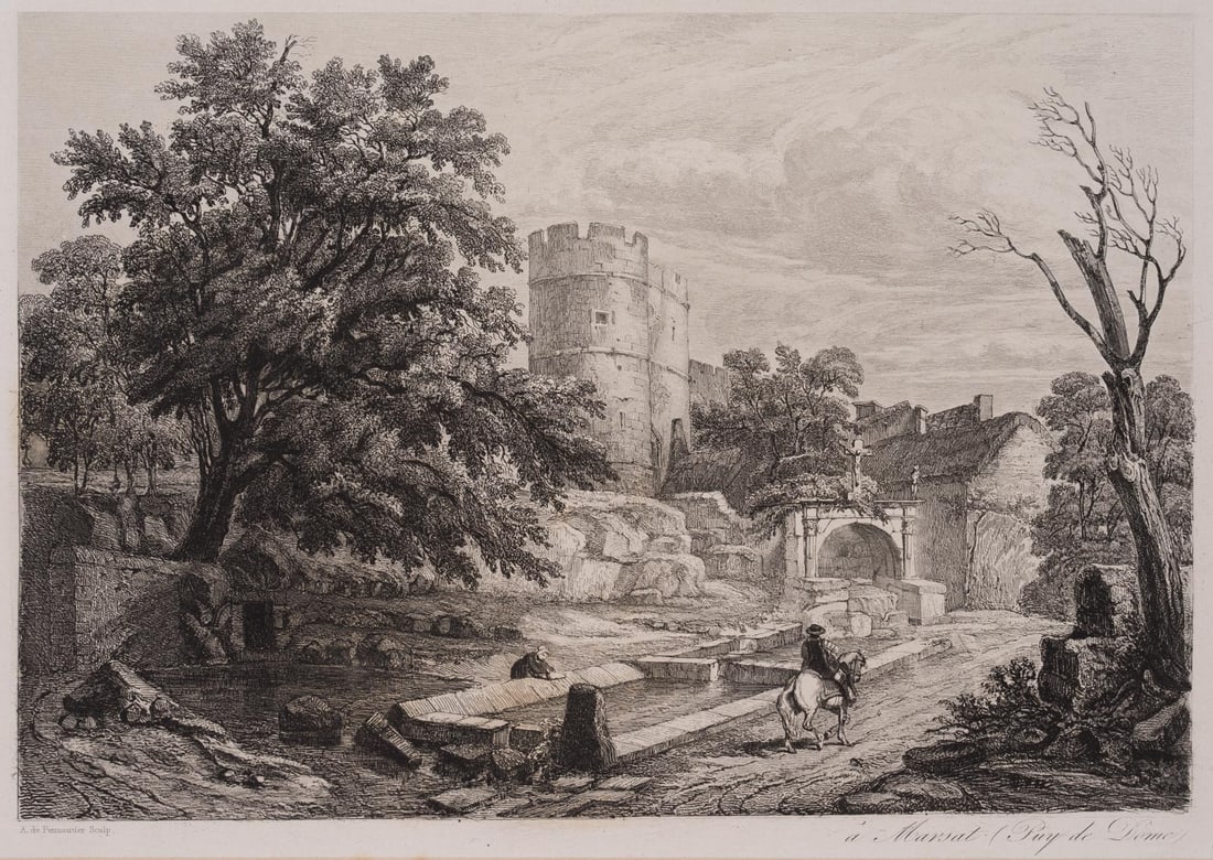 A. PENNAUTIER (*1803), Reiter ahead of Marsat, Etching: Amédée de Pennautier (1803 Domaize - 1857 Paris): Riders pass a ruined site on their way to the village of Marsat, which is dominated by the old tower in the background, 19th century, Etchin