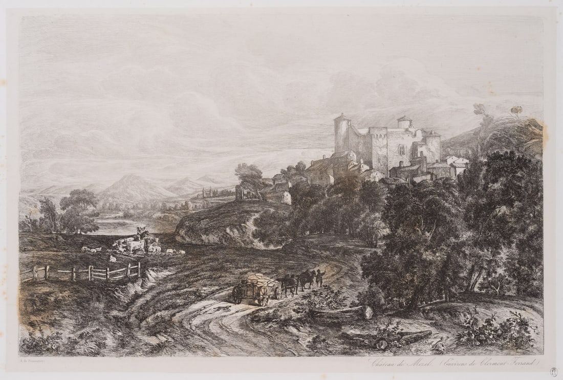 A. PENNAUTIER (*1803), Landscape featuring the Château de Mezel, Etching: Amédée de Pennautier (1803 Domaize - 1857 Paris): Panoramic view over a cultivated landscape with a country road travelled by carts past the Chateau de Mezel, near Clermont Ferrand, 19th cen