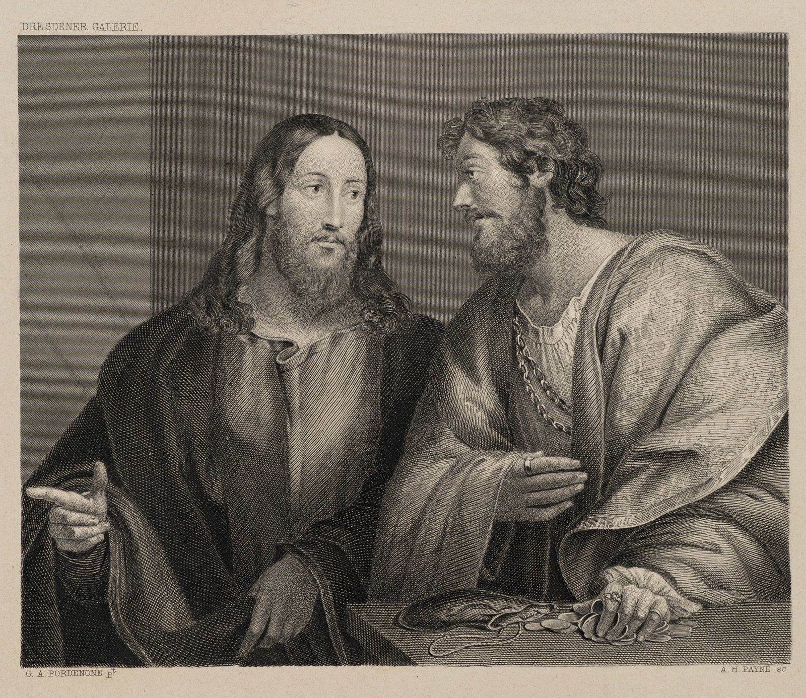 A. PAYNE (*1812) after PORDENONE (*1483), Christ and Matthew, Steel engraving: Albert Henry Payne (1812 London - 1902 Leipzig) after Pordenone: Giovanni Antonio Pordenone (around 1483 - 1484 ): Christ and Matthew Religious representation: Christ and Matthew in dialogue, 19th cen