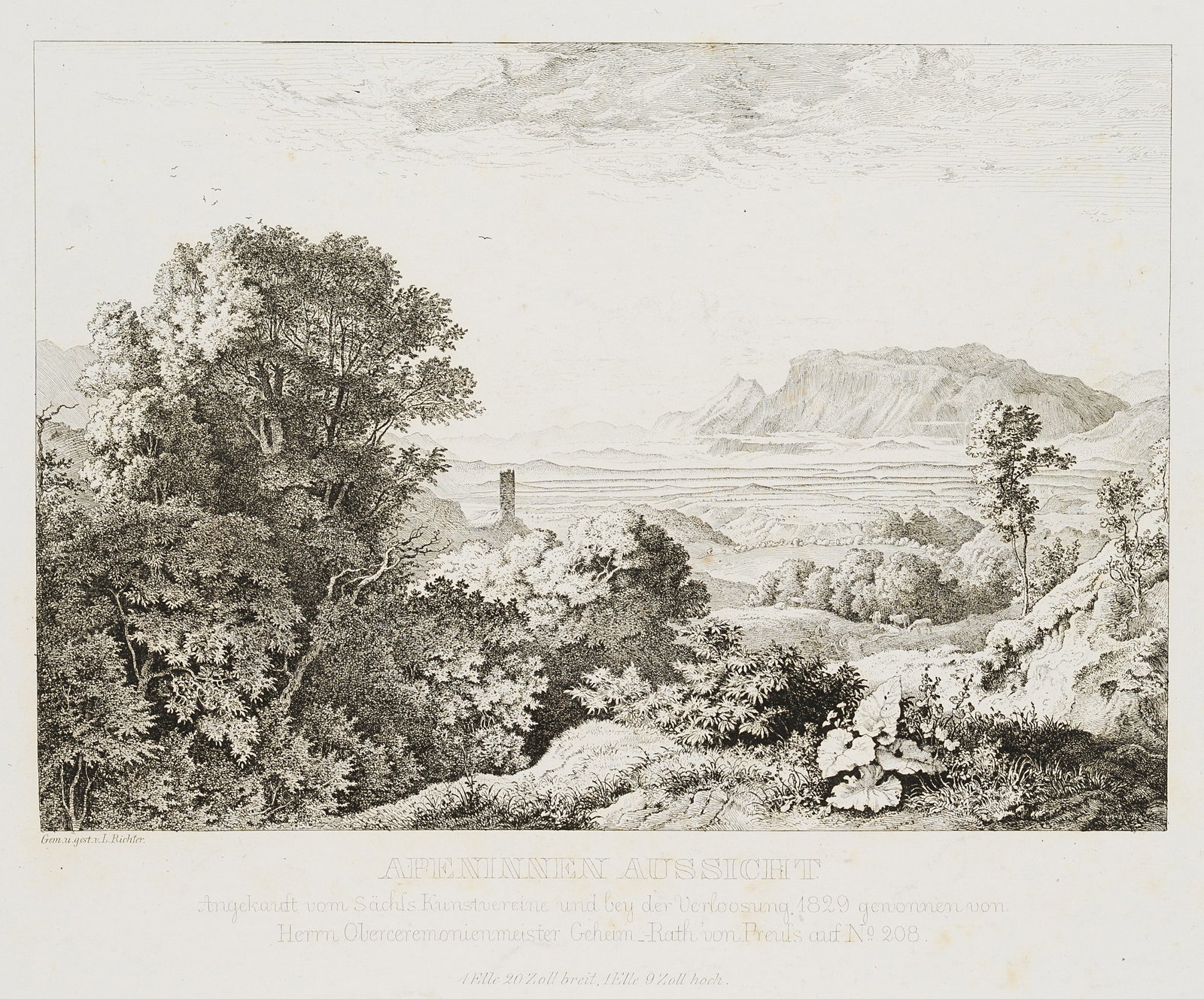 L. RICHTER (1803-1884), View of the Apennines, 1829, Etching: Ludwig Richter (1803 Dresden - 1884 ibid.): Apennine view, Impressive mountain landscape, 1829, Etching Technique: Etching on Paper Catalogue Raisonné: , 191 Inscription: lower left signed in the