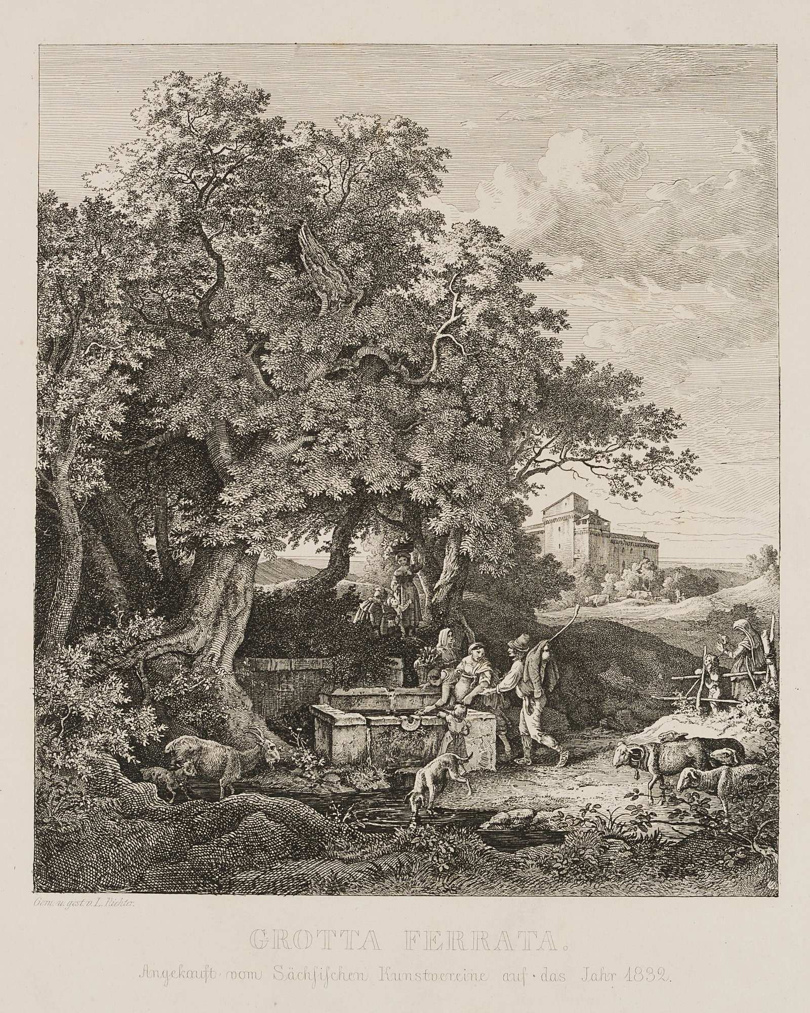 L. RICHTER (1803-1884), Grotta Ferrata, 1832, Etching: Ludwig Richter (1803 Dresden - 1884 ibid.): Fountain in the countryside near Grottaferrata near Rome, 1832, Etching Technique: Etching on Paper Catalogue Raisonné: , 218 Inscription: lower left s