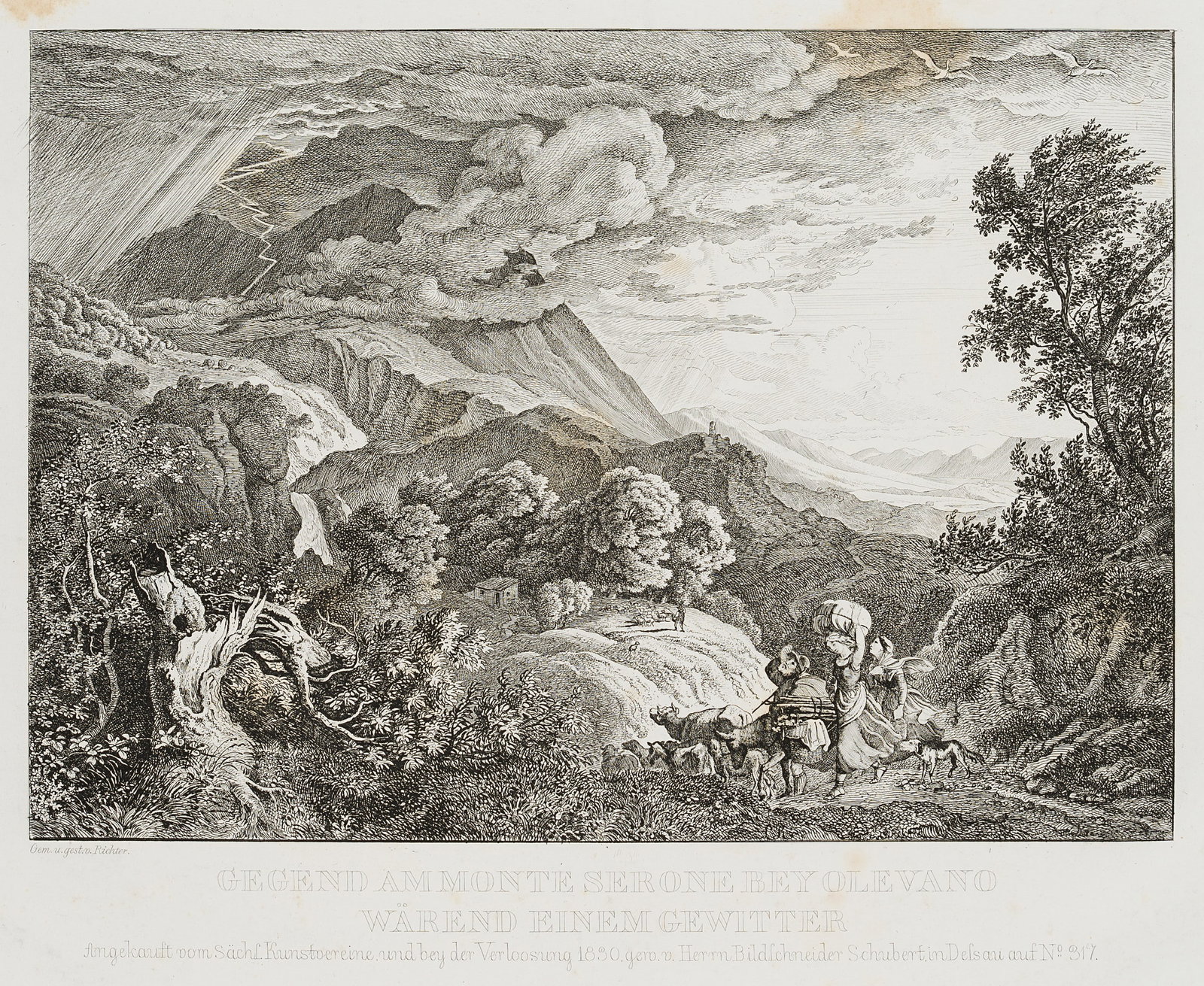 L. RICHTER (1803-1884), The area around Monte Serone near Olevano, 1830, Etching: Ludwig Richter (1803 Dresden - 1884 ibid.): Area on Monte Serone near Olevano during a thunderstorm, 1830, Etching Technique: Etching on Paper Catalogue Raisonné: , 199 Stamp: Verso Collector's s