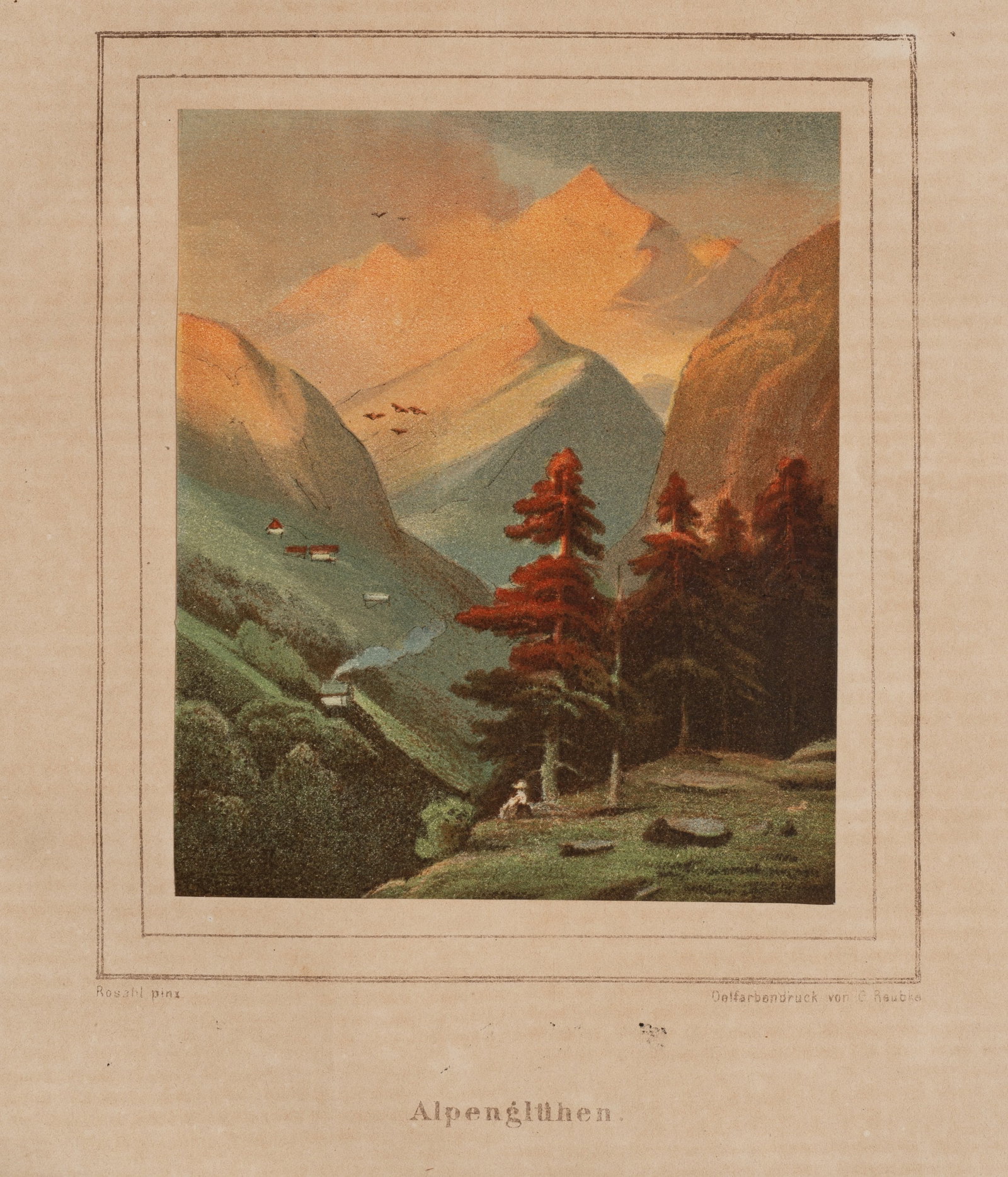 P. ROSAHL (*1884), Alpenglow. Alpine landscape at dusk, Colour lithography (1 of 5)