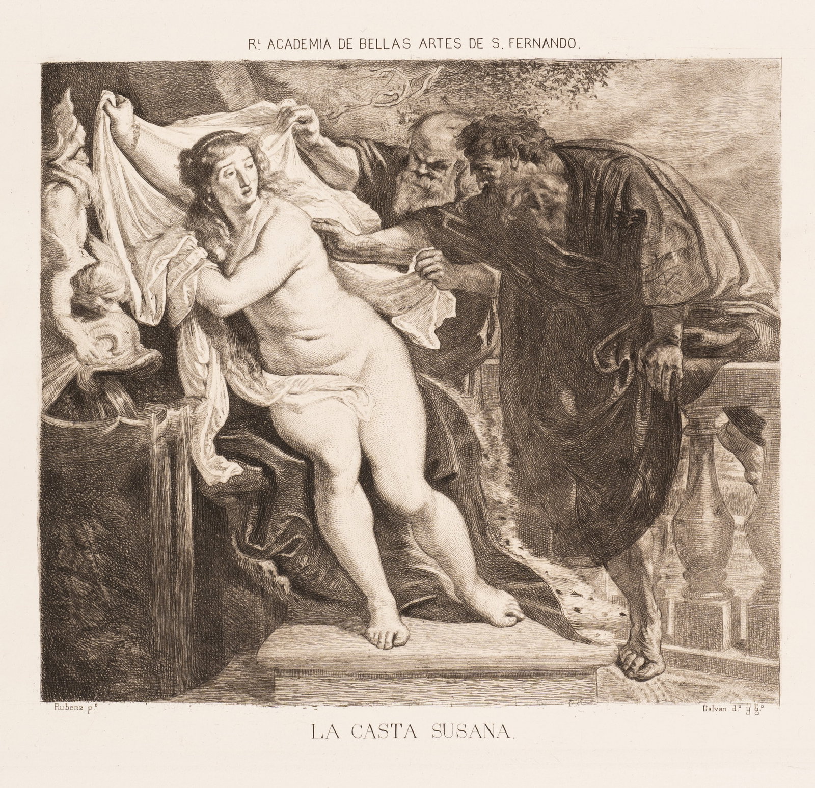J. GALVÁN Y CANDELA (19th) after RUBENS (*1577), Susanna and the two old men, 1898, Etching: José Maria Galván y Candela (19th century) after Peter Paul Rubens (1577 Siegen - 1640 Antwerp): The chaste Susanna and the two old men/elders, 1898, Etching Technique: Etching on Paper Insc