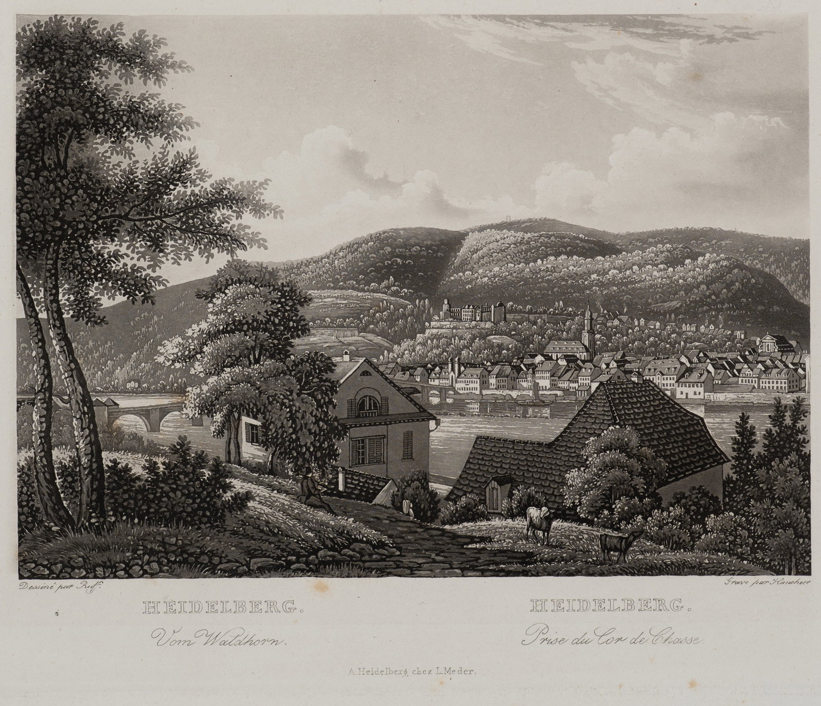 Hausheer (19th) after RUFF (*1813), Panoramic view of Heidelberg, around 1840, Aquatint: Hausheer (19th century) after Johannes Ruff (1813 Zurich - 1886 ibid.): View from the Waldhorn across the Neckar to the city of Heidelberg with its famous castle, c. 1840, Aquatint Technique: Aquatint