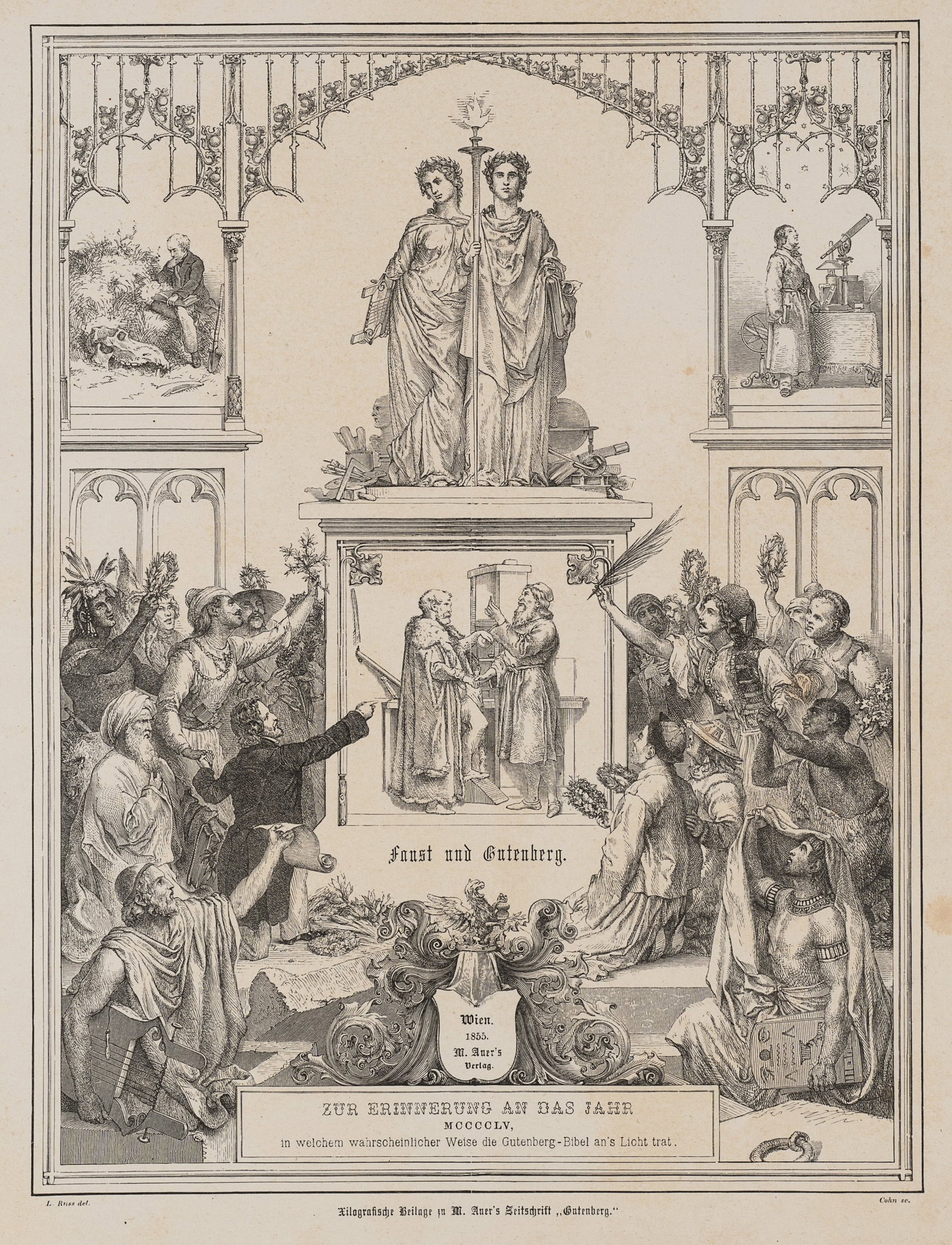 Cohn (19th) after RUSS (*1809), In memory of Fust and Gutenberg, 1855, Wood engraving (1 of 5)