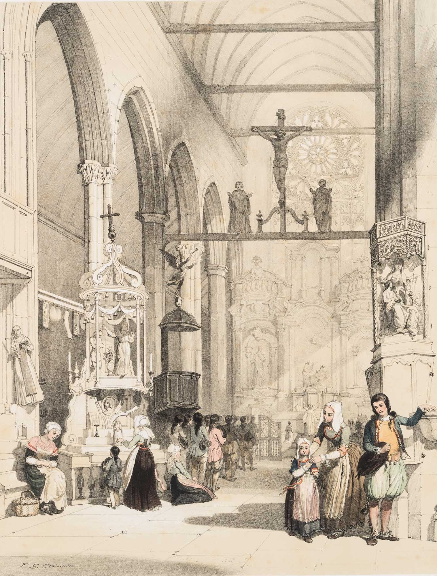 P. SAINT-GERMAIN (*1754), Interior of Saint-Jean-du-Doigt, Lithography (1 of 4)