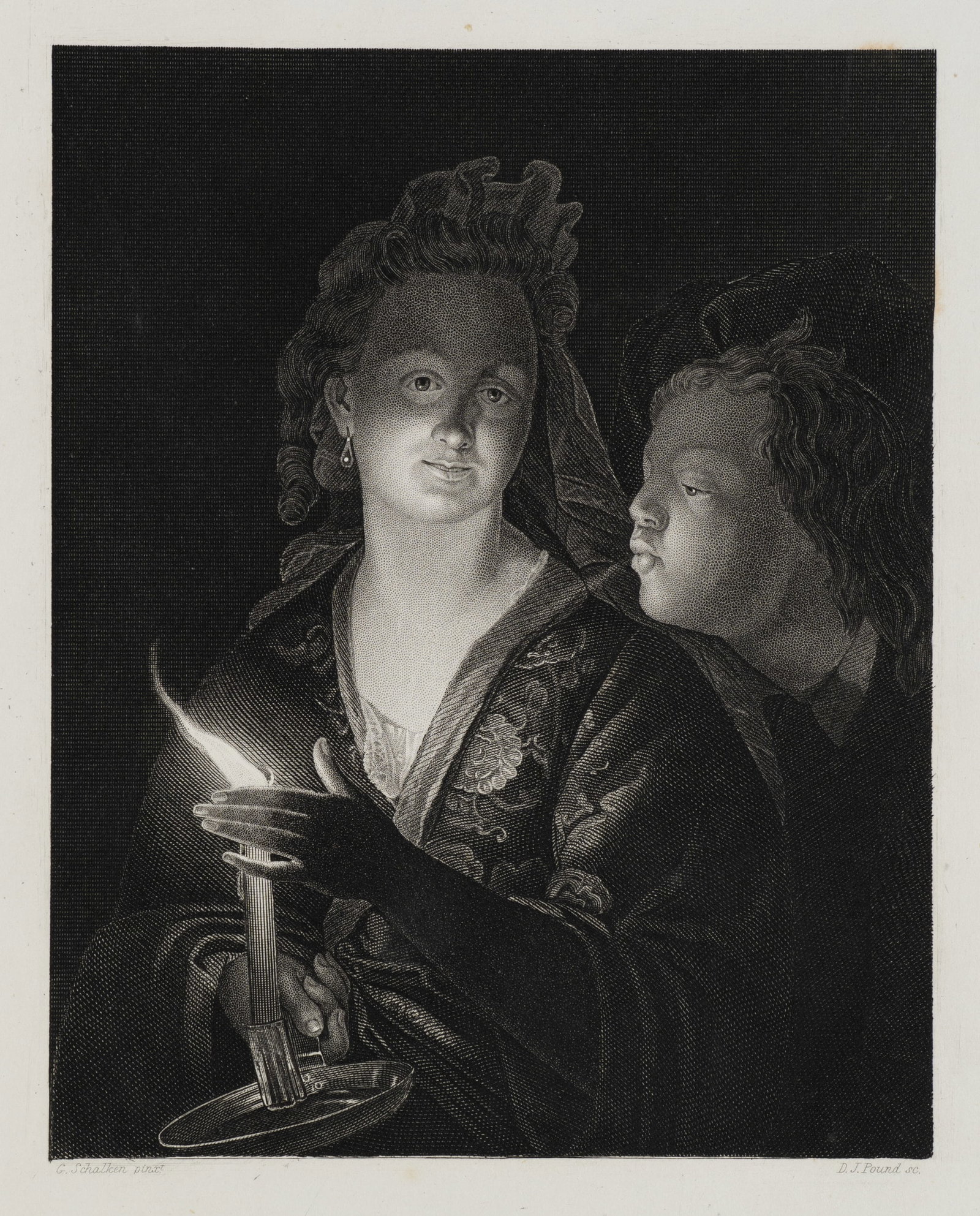 D. POUND (*1820) after SCHALCKEN (*1643), Candlelight and shadows, Steel engraving (1 of 5)