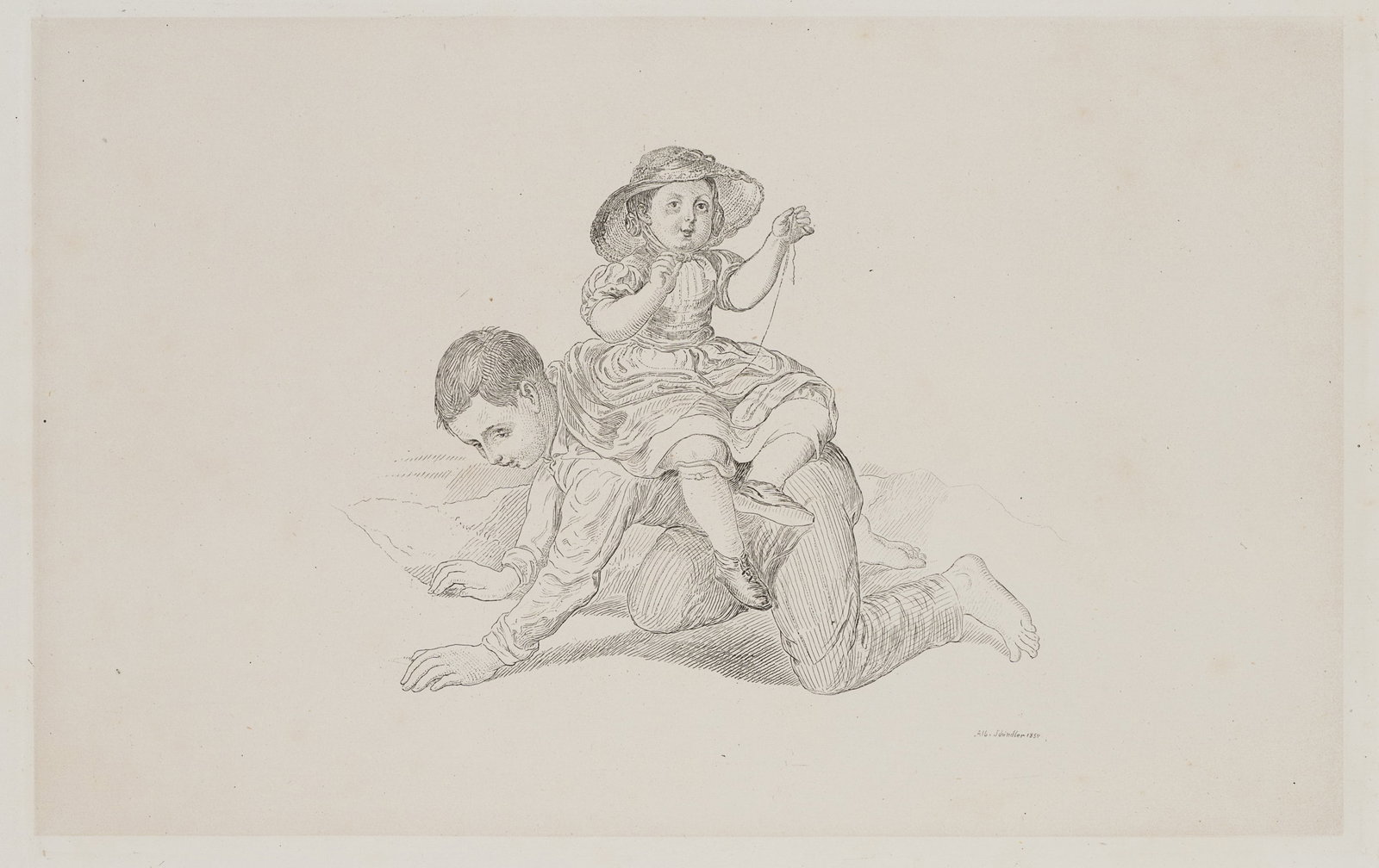 A. SCHINDLER (*1805), Child's play. Horse and rider, 1854, Etching (1 of 5)