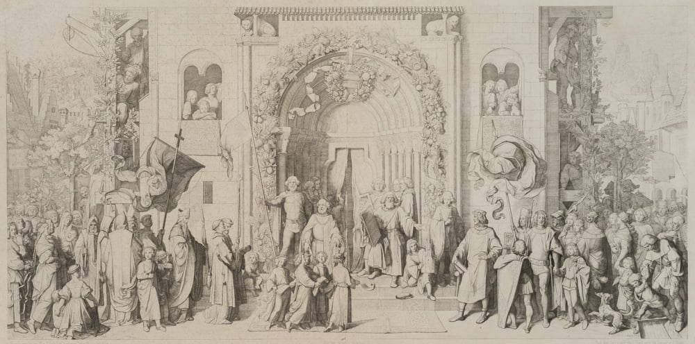J. ERNST (*1830) after SCHWIND (*1804), The consecration of Freiburg Cathedral, Steel engraving (1 of 4)