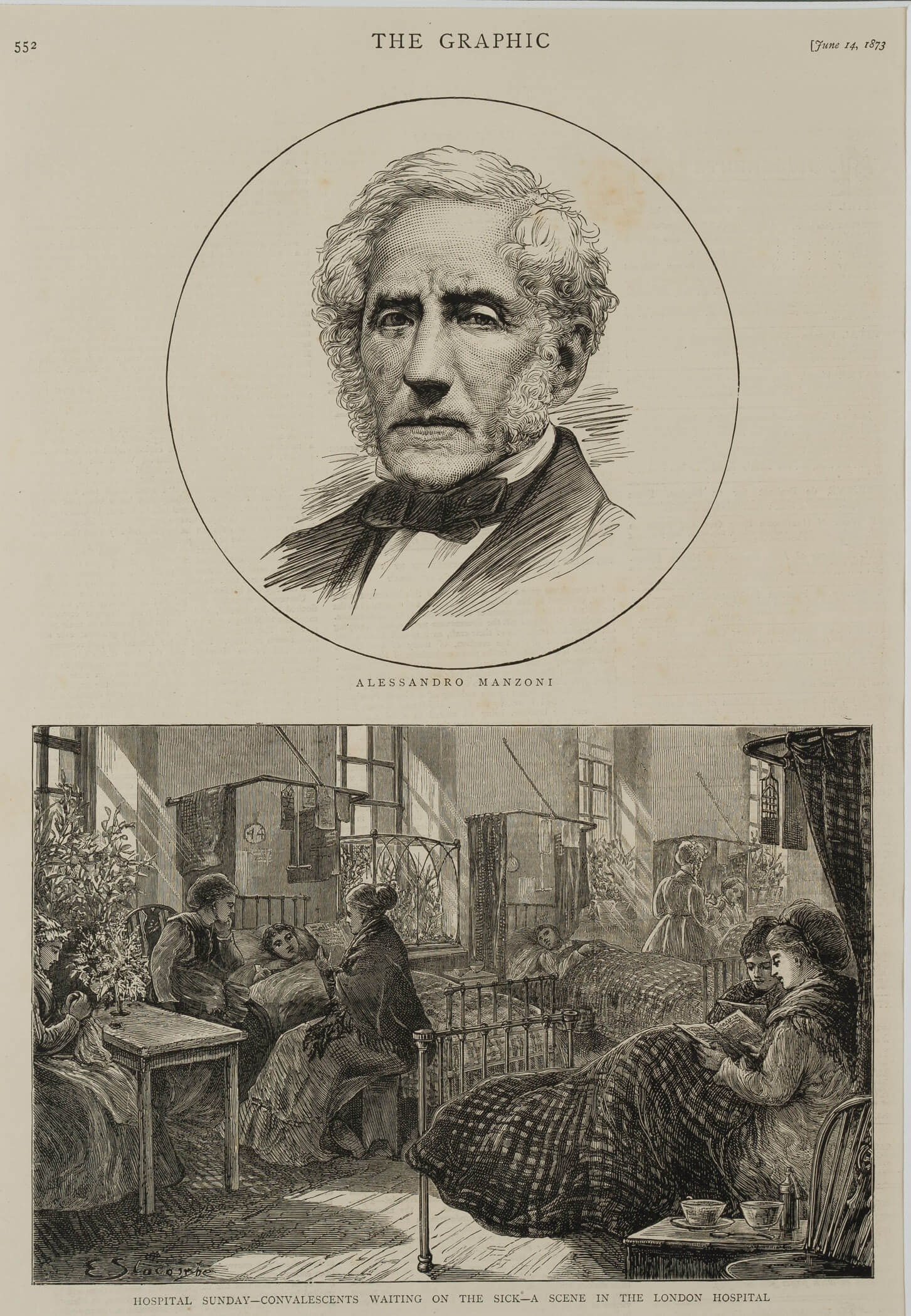 After SLOCOMBE (*1850), The poet Manzoni; a London hospital, 1873, Wood engraving (1 of 4)