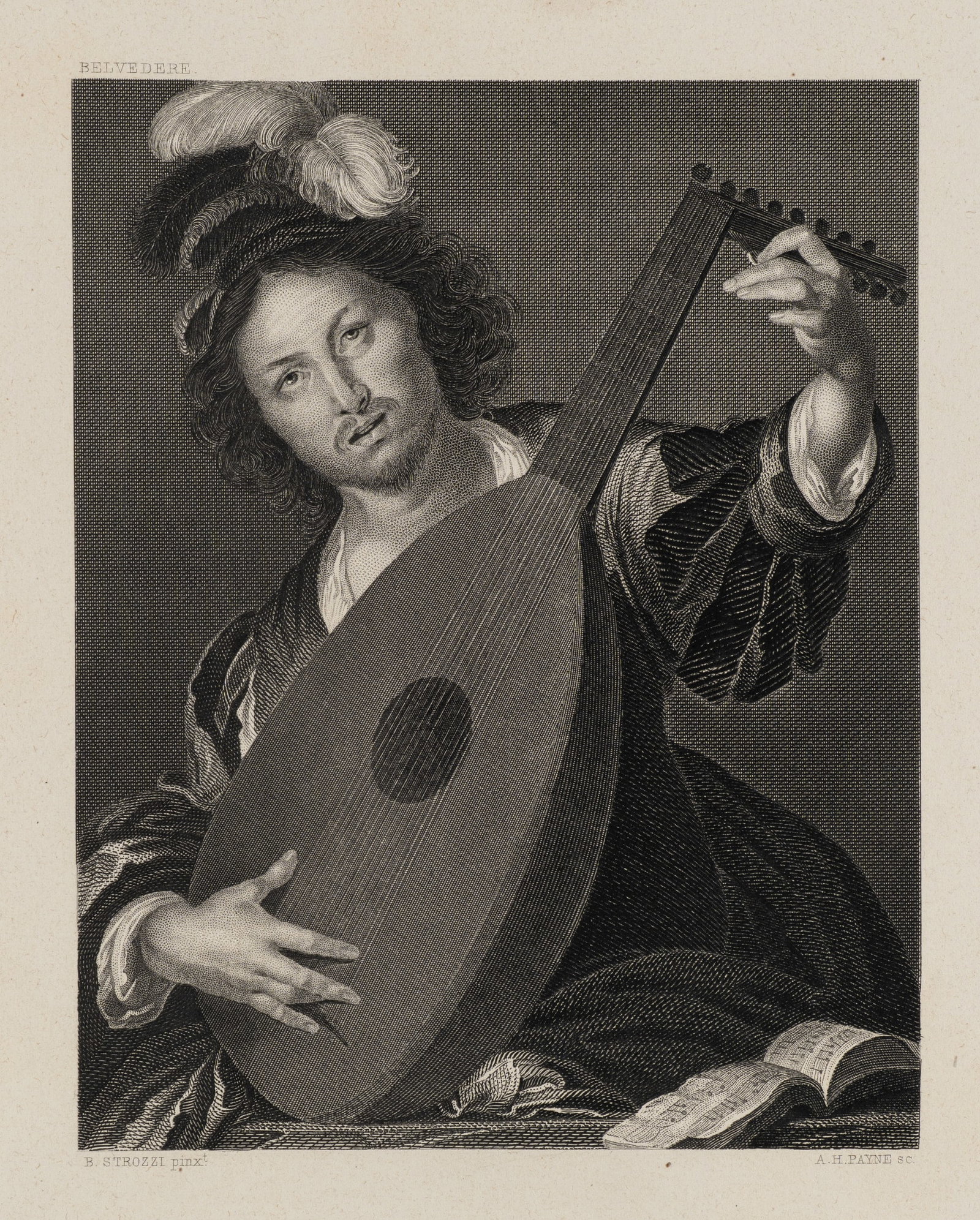 A. PAYNE (*1812) after IL PRETE GENOVESE (*1581), The lute player, Steel engraving: Albert Henry Payne (1812 London - 1902 Leipzig) after Il Prete Genovese: Bernardo Strozzi (1581 Genoa - 1644 Venice): The lute player Portrait of a concentrated lute player with feather jewellery, 19t