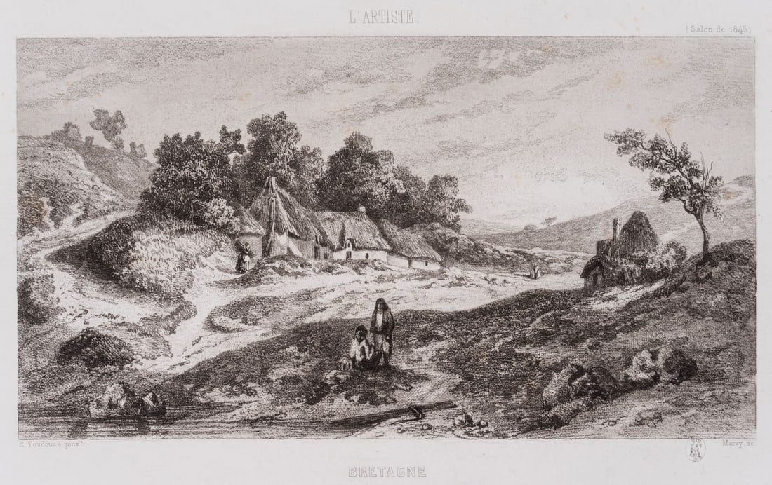 L. MARVY (19th) after TOUDOUZE (19th), Brittany, landscape with cottages, around 1845, Etching: Louis Marvy (19th century) after Emile Toudouze (19th century): "Brittany", Landscape with Peasant Cottages, Salon de 1845, c. 1845, Vernis Mou Technique: Vernis Mou on Paper Stamp: Collector's stamp,