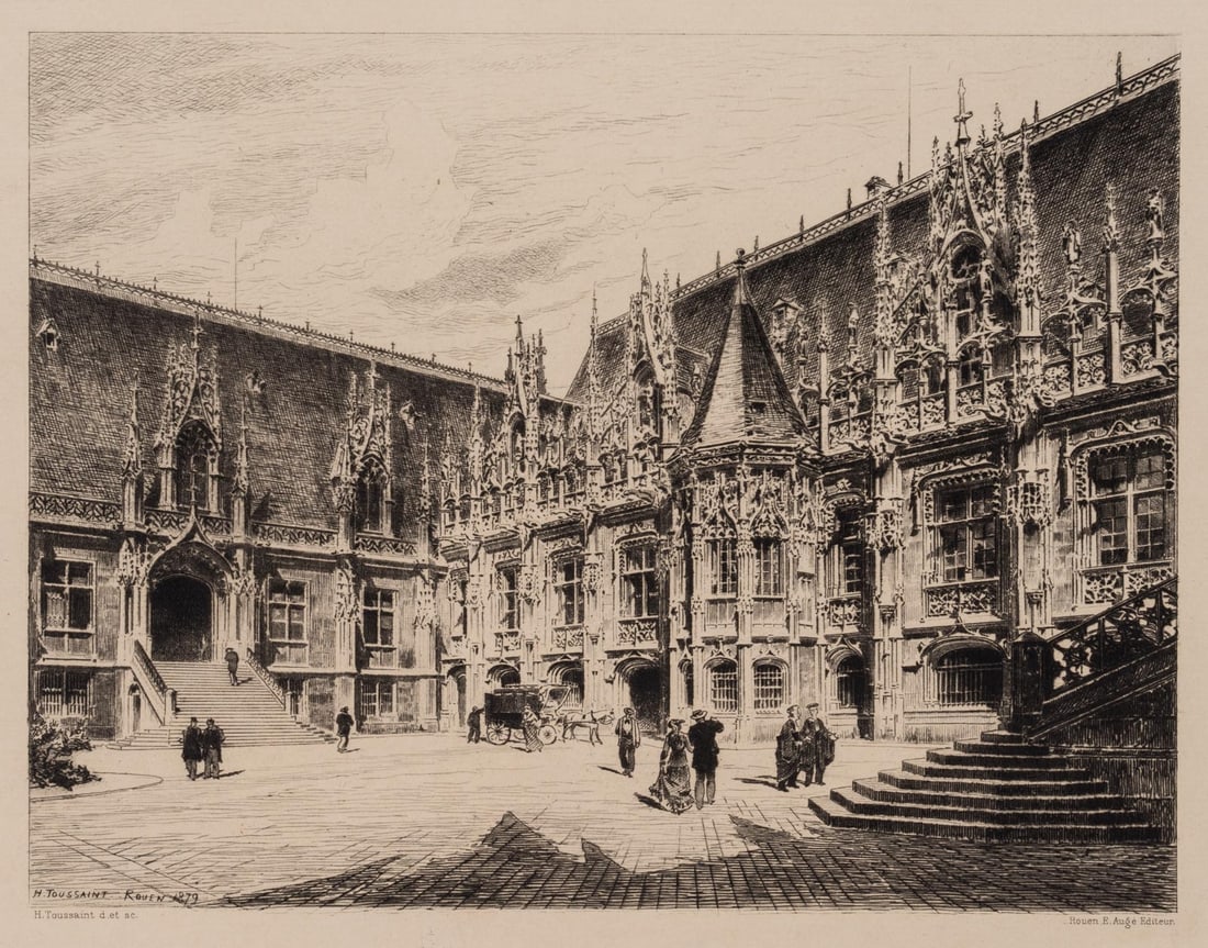 H. TOUSSAINT (*1849), Courthouse in Rouen, Etching: Henri Toussaint (1849 Paris - 1911 ibid.): Court of the Gothic Palais de justice in Rouen, 19th century, Etching Technique: Etching on Paper, mounted on Paper Inscription: Titled and inscribed below. 