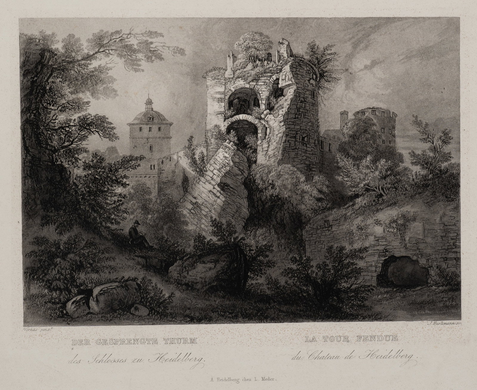 J. HÜRLIMANN (*1793) after VERHAS (*1811), The Blasted Tower, Heidelberg, Aquatint: Johann Hürlimann (1793 Uster - 1850 Paris) after Theodor Verhas (1811 Schwetzingen - 1872 Heidelberg): Atmospheric view of the demolished tower at Heidelberg Castle, 19th century, Aquatint Techni
