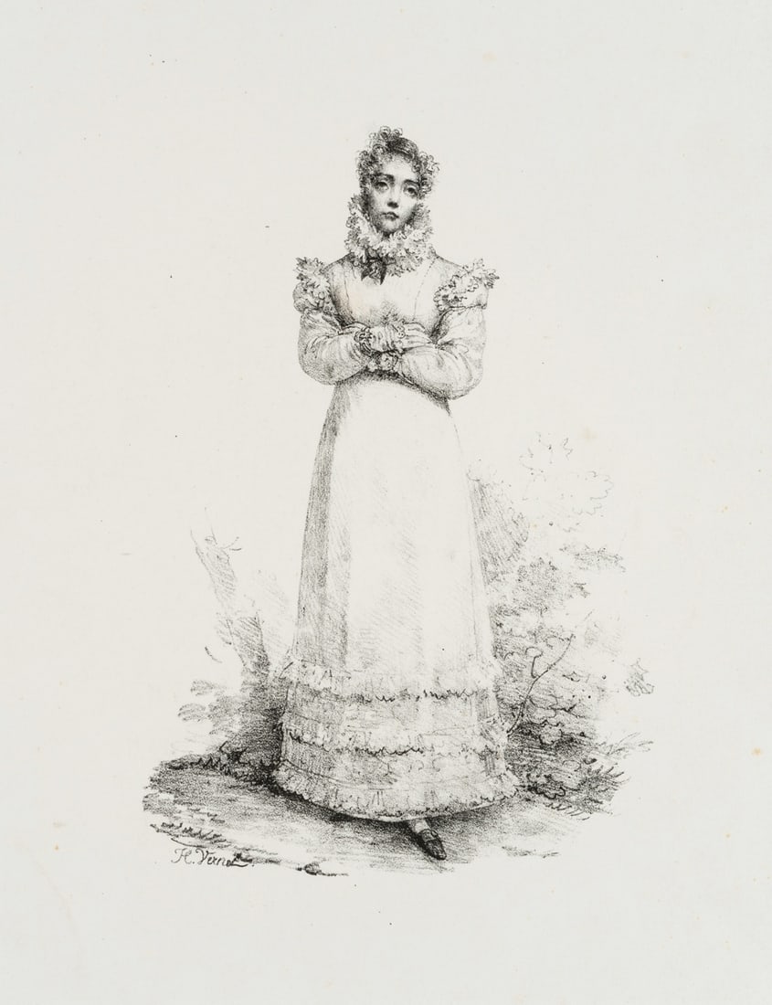 H. VERNET (1789-1863), Young lady in a frilly dress, Lithography: Horace Emile Jean Vernet (1789 Paris - 1863 ibid.): Portrait of a Young Lady in a Frilly Dress, 19th century, Lithography Technique: Lithography on Paper Inscription: Signed by the artist in the lower