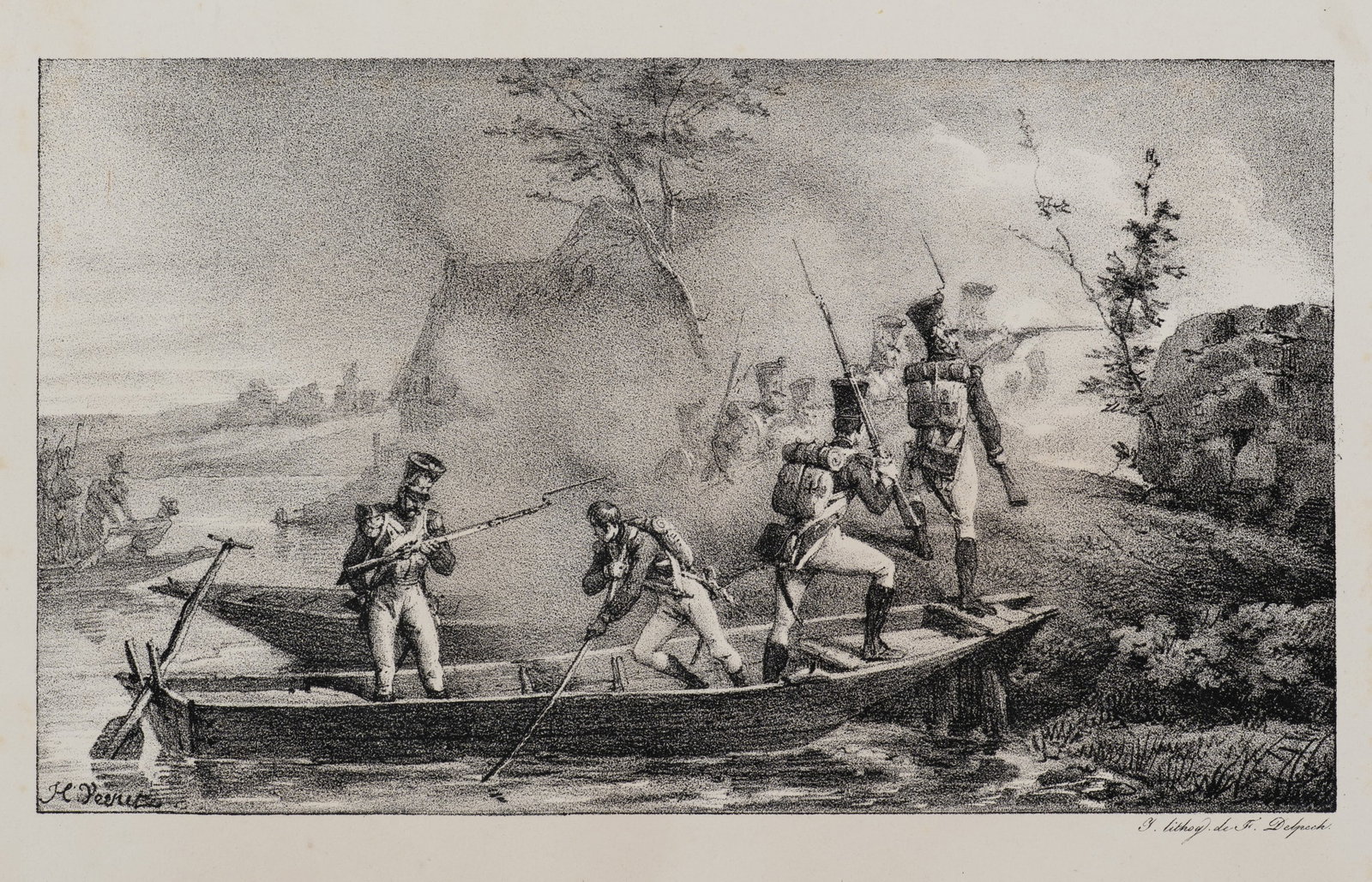 H. VERNET (1789-1863), Infantry crossing a river, Lithography (1 of 5)