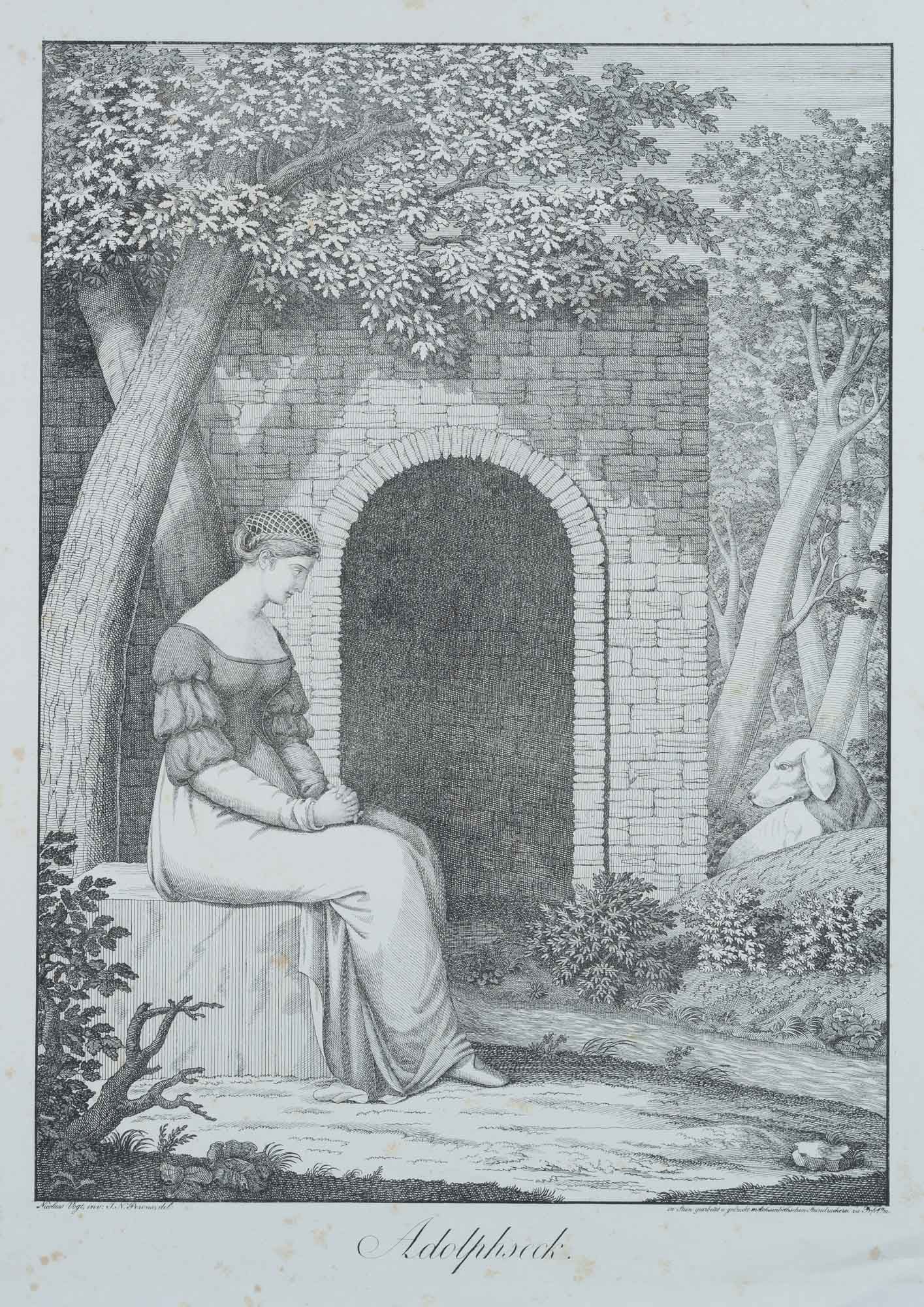 J. PEROUX (*1771) after VOGT (*1756), Adolphseck, from *Rheinische Bilder*, Lithography: Joseph Nicolaus Peroux (1771 Ludwigsburg - 1849 Frankfurt on the Main) after Nikolaus Vogt (1756 - 1836 ): Adolphseck' with beautiful lady and dog sitting in front of the entrance of a wall, print fro