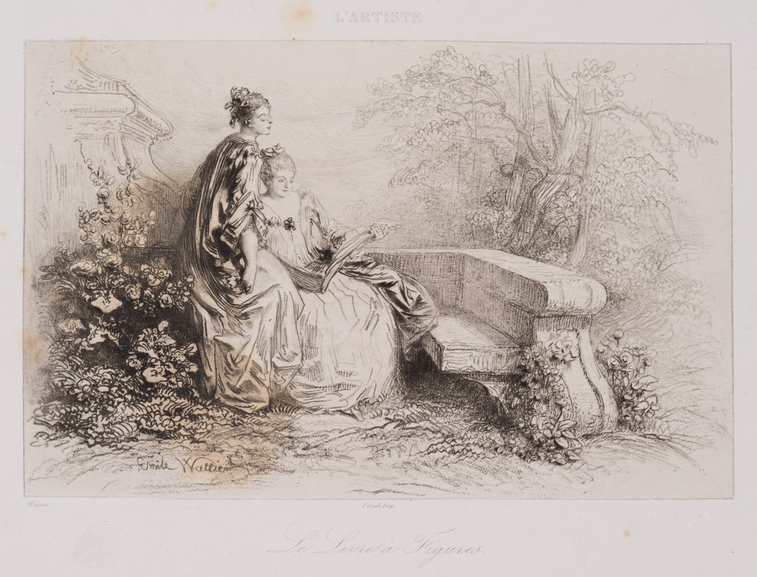 E. WATTIER (1800-1868), Ladies in a park setting, Vernis Mou: Emile Wattier (1800 Paris - 1868 ibid.): Le Livre à Figures' - Two Ladies in a Park Landscape (From the Artiste), 19th century, Vernis Mou Technique: Vernis Mou on Paper Stamp: – Collector's st