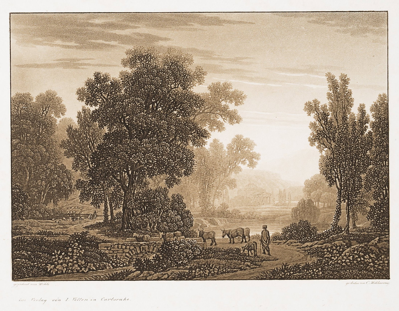 C. HALDENWANG (*1770) after WEHLE (*1778), Arcadian landscape, around 1800, Aquatint: Christian Haldenwang (1770 Durlach - 1831 Rippoldsau) after Heinrich Theodor Wehle (1778 Forests - 1805 Bautzen): Arcadian landscape with cattle herder and temple, c. 1800, Aquatint Technique: Aquatin
