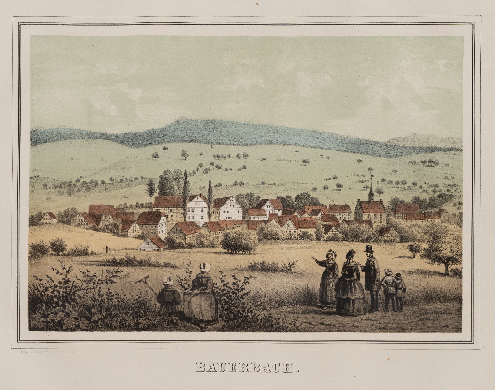 R. WEIBEZAHL (19th), Bauerbach with figurative decoration, Colour lithography: R. Weibezahl (19th century): View of Bauerbach with figural staffage Saxony Meiningen, 19th century, Colour lithography Technique: Colour lithography on Paper Inscription: lower left signed in the pri