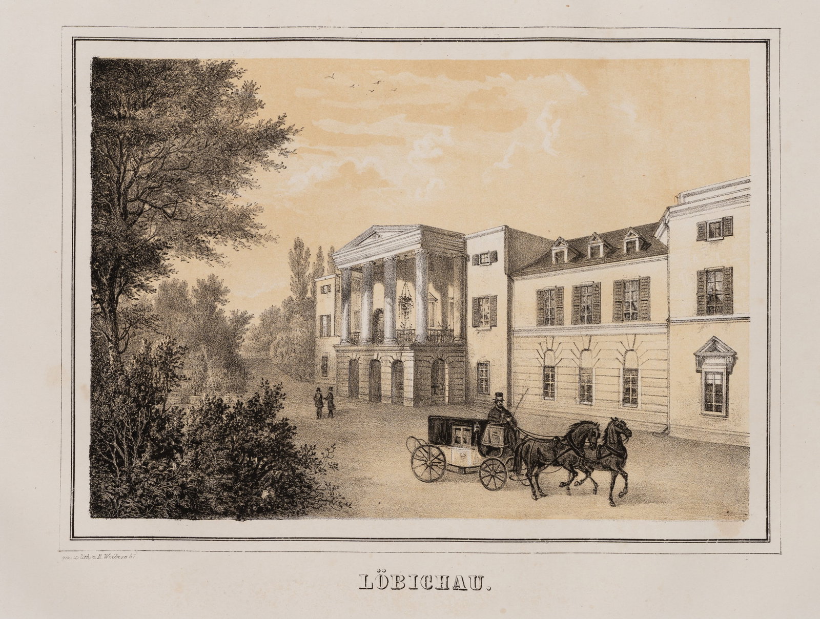 R. WEIBEZAHL (19th), View of Löbichau Castle, Colour lithography: R. Weibezahl (19th century): "Löbichau" View of Löbichau Castle with portico and a passing coachman, Altenburger Land, 19th century, Colour lithography Technique: Colour lithography on Paper