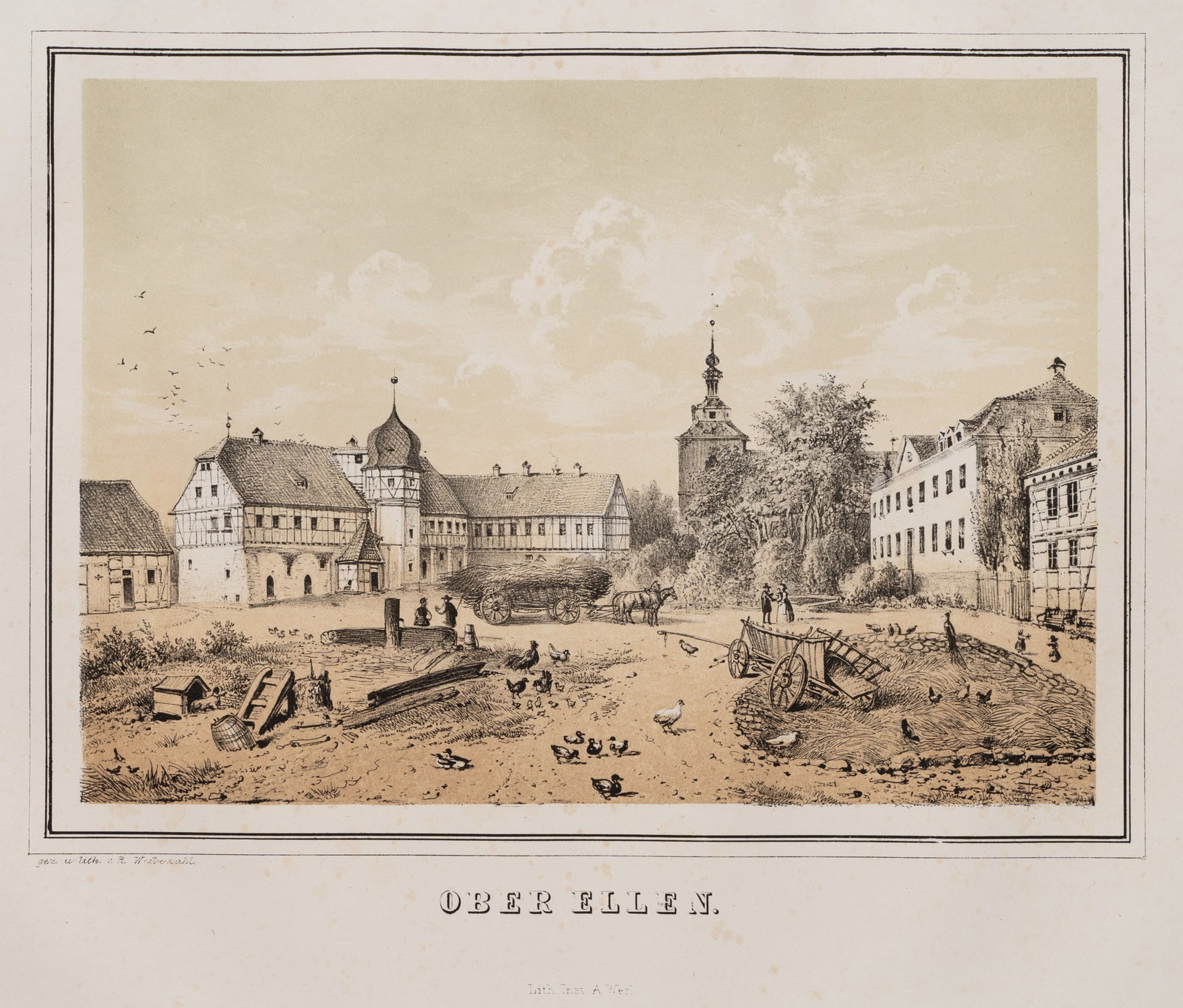 R. WEIBEZAHL (19th), Oberellen. With a view of Hanstein Castle, Colour lithography: R. Weibezahl (19th century): Oberellen With a view of the market square, church and Hanstein Castle, Thuringia, 19th century, Colour lithography Technique: Colour lithography on Paper Inscription: low
