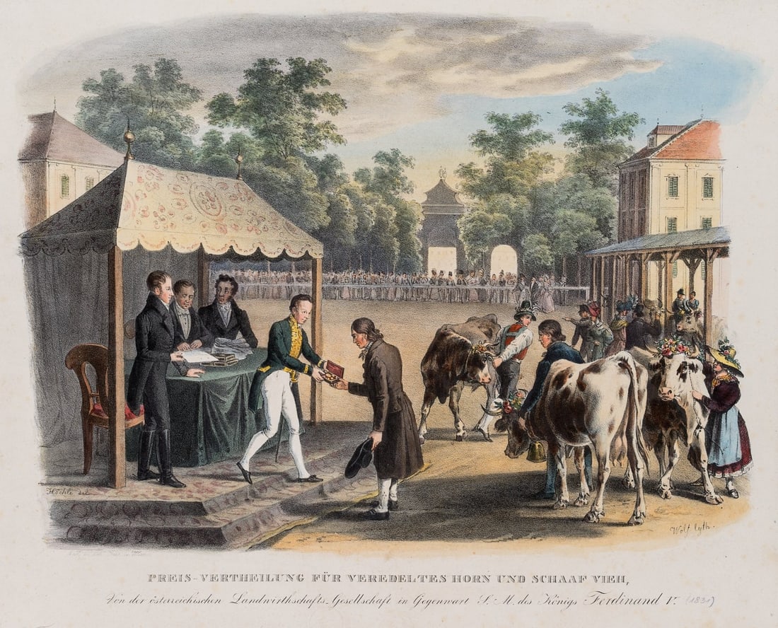 F. WOLF (19th), Award ceremony for horned cattle, 1831, Lithography: Franz Wolf (19th century): Award ceremony for horned cattle and sheep, 1831, Lithography Technique: Hand colored Lithography on Paper Stamp: Lower middle Blind stamp, Unknown/not identified. Mark: "JW
