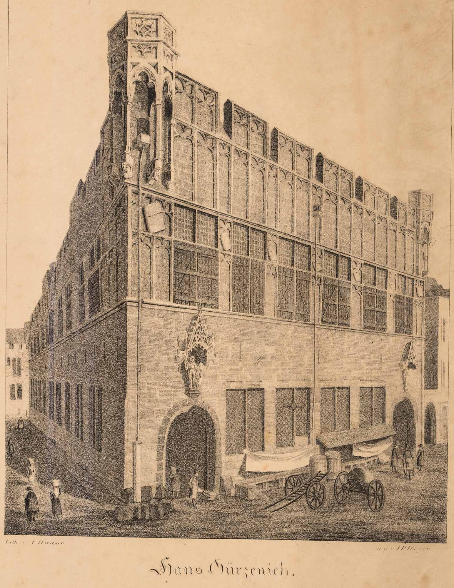 A. WÜNSCH (1800-1833), Gürzenich House, Cologne, 1827, Lithography: Anton Wünsch (1800 Bad Godesberg - 1833 Cologne): View of Haus Gürzenich with staffage figures on the street, Cologne, 1827, Lithography Technique: Lithography on Paper Inscription: Signed o