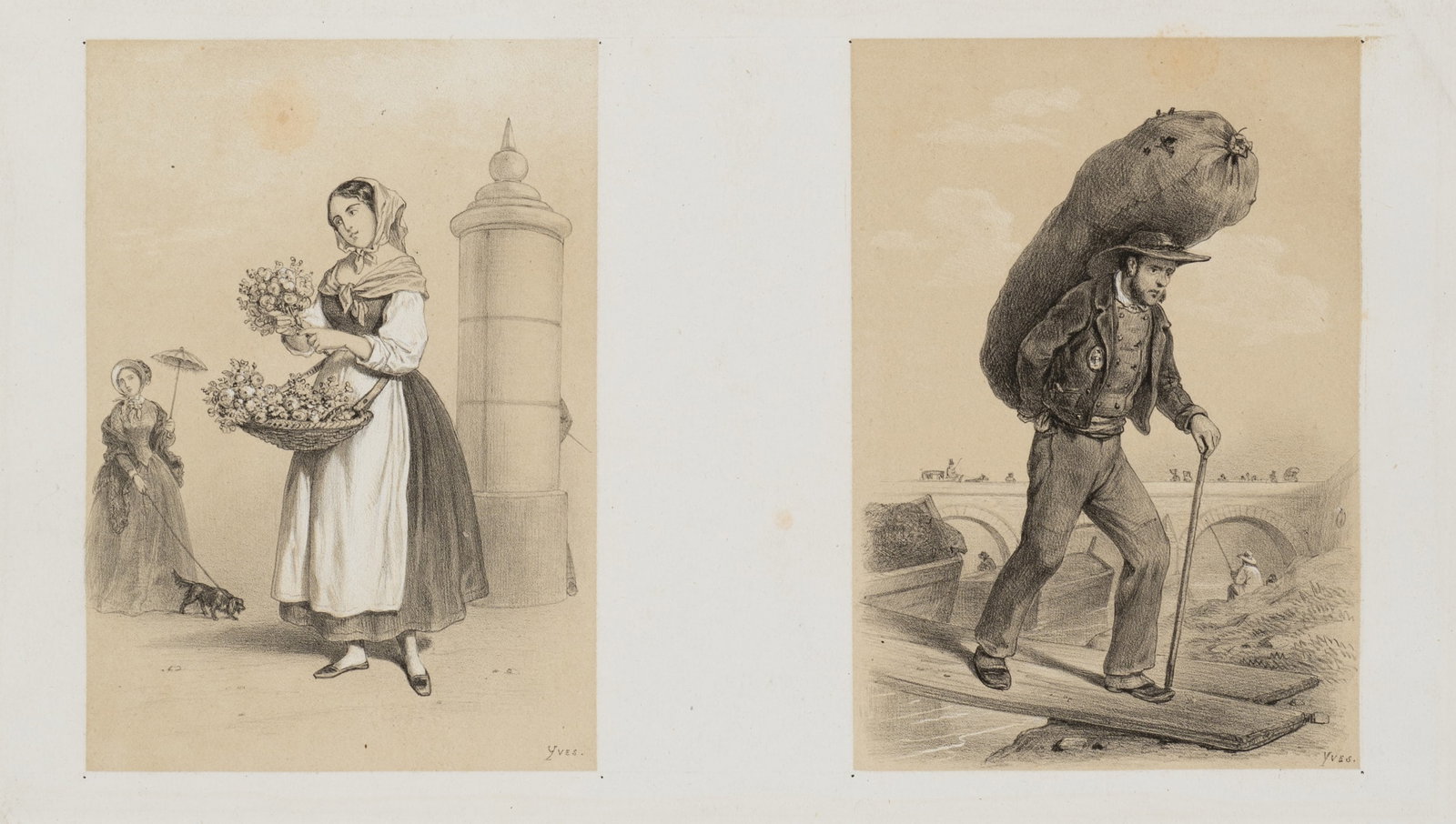 YVES (19th), Working life in the 19th century, 1857, Tinted Lithographie: Yves (19th century): Depiction of the everyday working life of a flower seller and a journeyman on the road, 1857, Tinted Lithographie Technique: Tinted Lithographie on Paper, mounted on Paper Inscrip